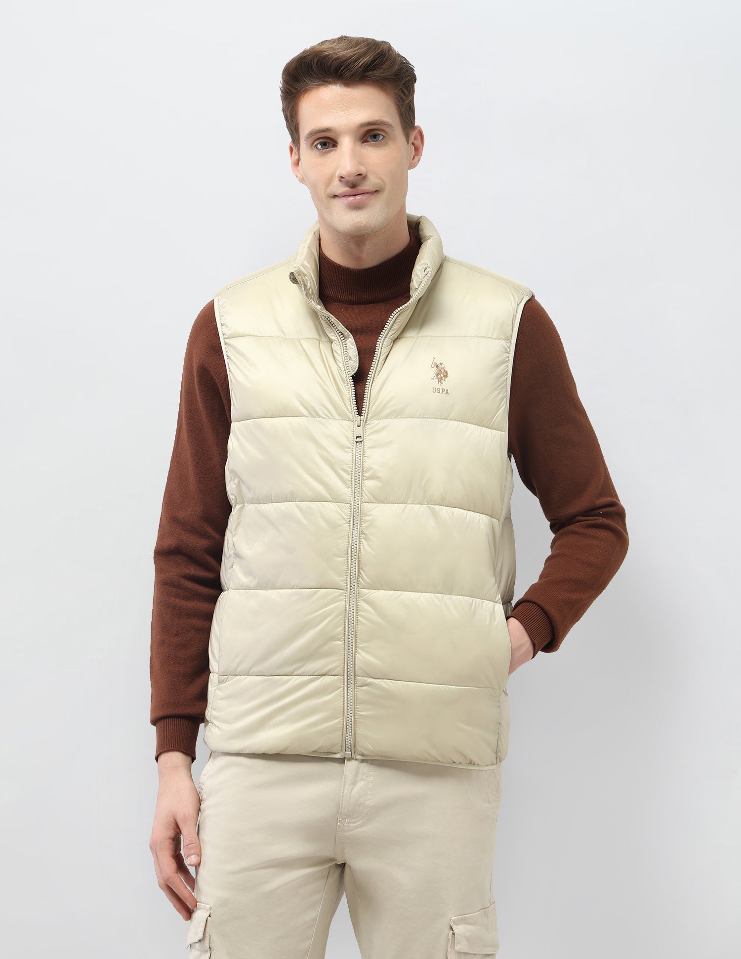 Solid Regular Fit Puffer Sleeveless Jacket Ecru - U.S. Polo Assn. India | Large