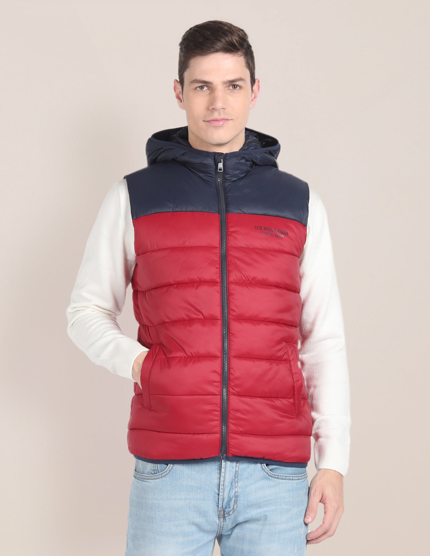 Colour Blocked Hooded Puffer Jacket Red - U.S. POLO ASSN. | Large