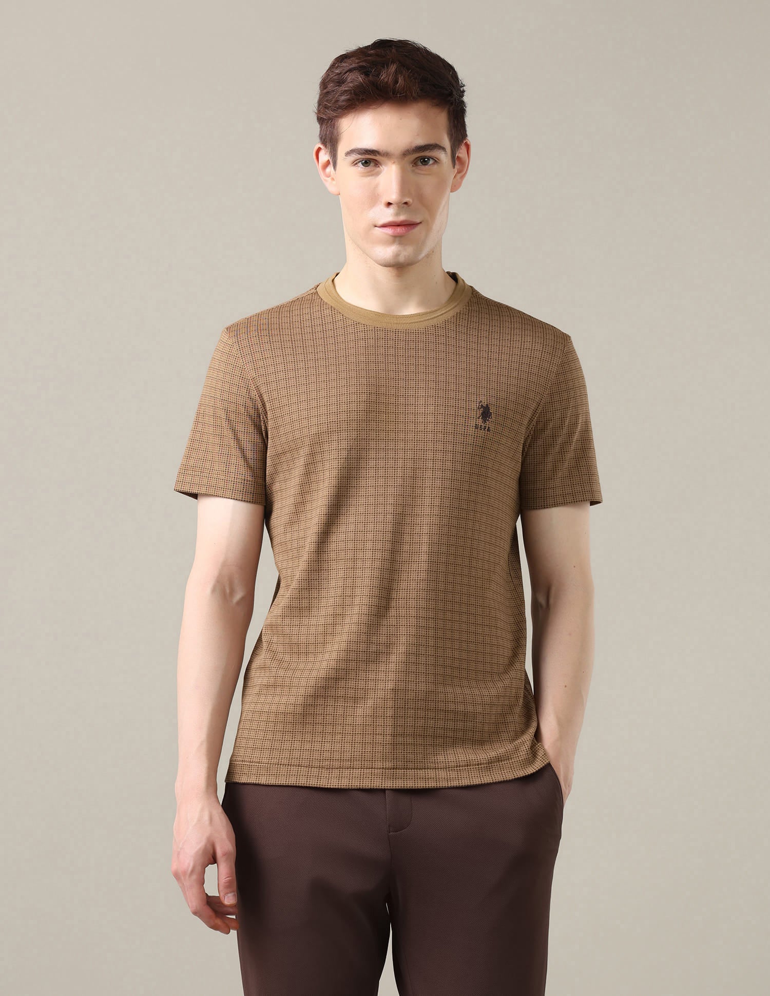 Houndstooth Printed Slim Fit T-Shirt Brown - U.S. Polo Assn. India | Large