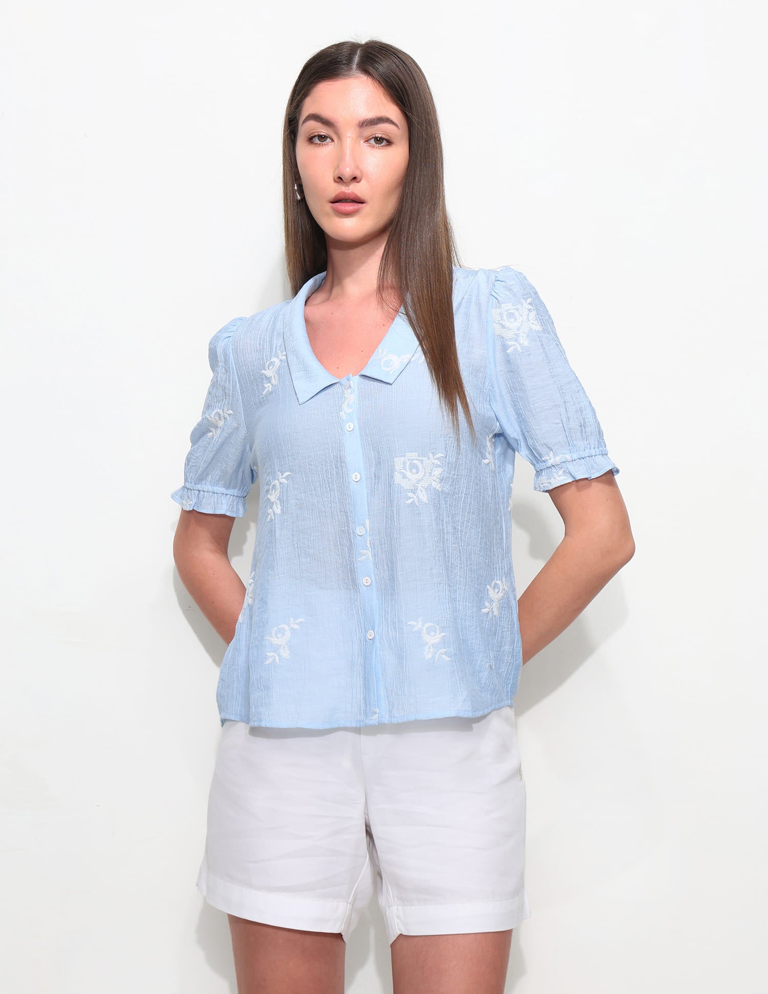 Flat Collar Floral Embroidered Top Blue - U.S. Polo Assn. India | Large