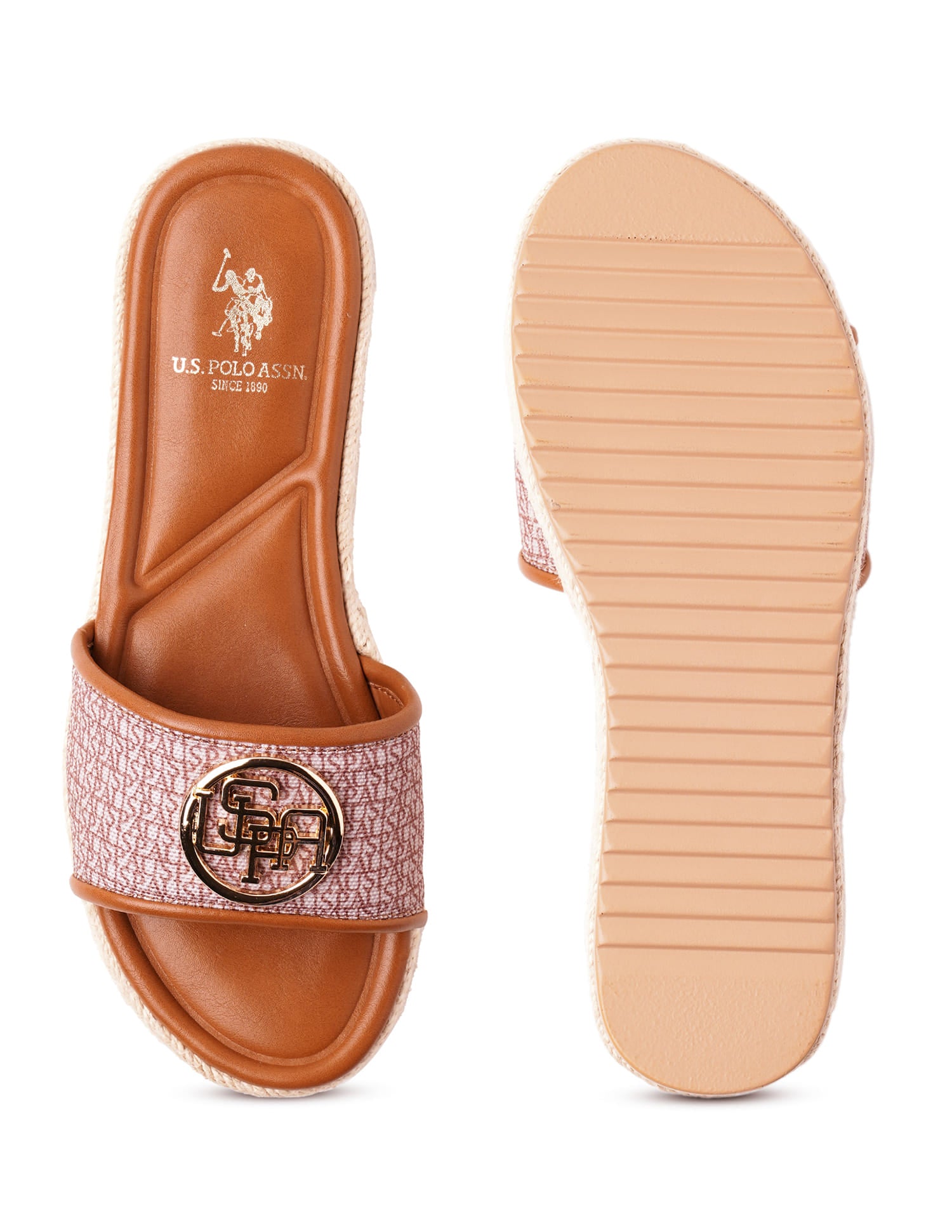Cristina Tan Monogram Print Wedges Tan - U.S. Polo Assn. India | Large