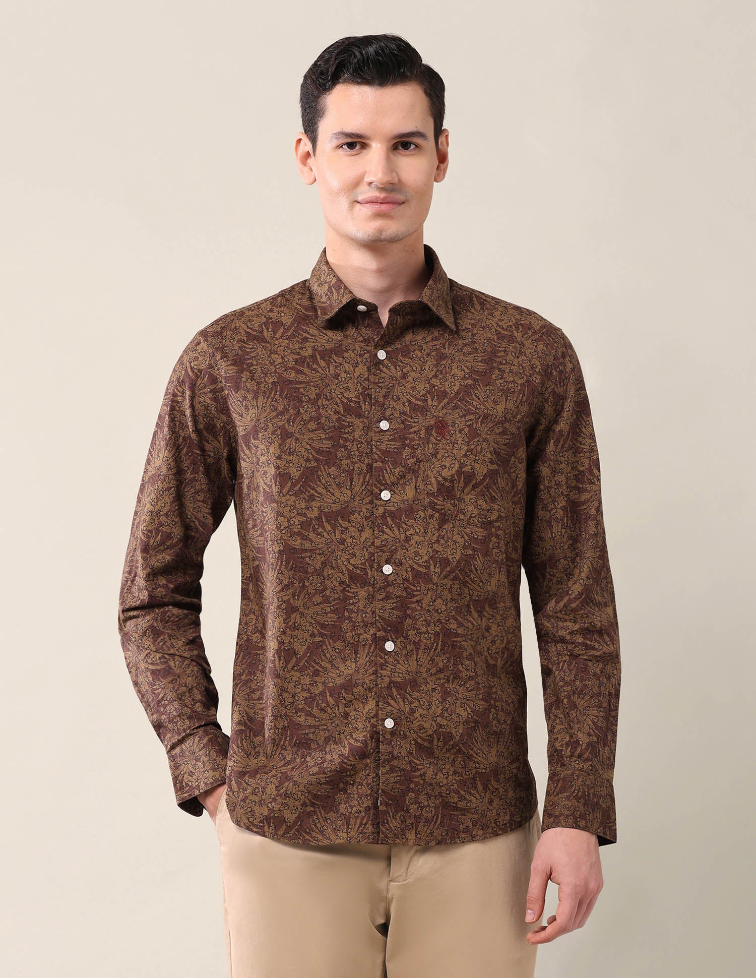 All-Over Printed Tailored Fit Shirt Tan - U.S. Polo Assn. India | Large