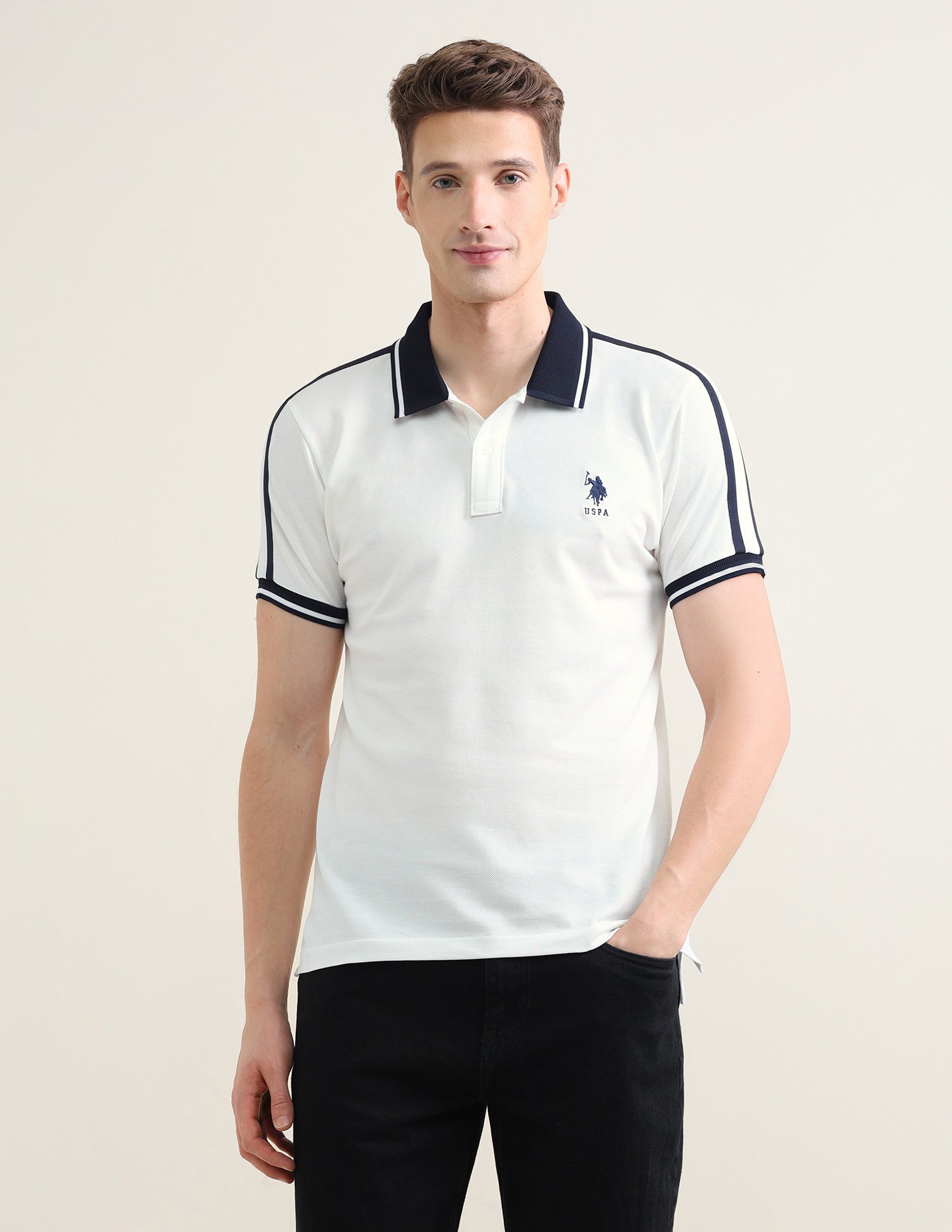 Solid Slim Fit Polo Shirt Off White - U.S. Polo Assn. India | Large