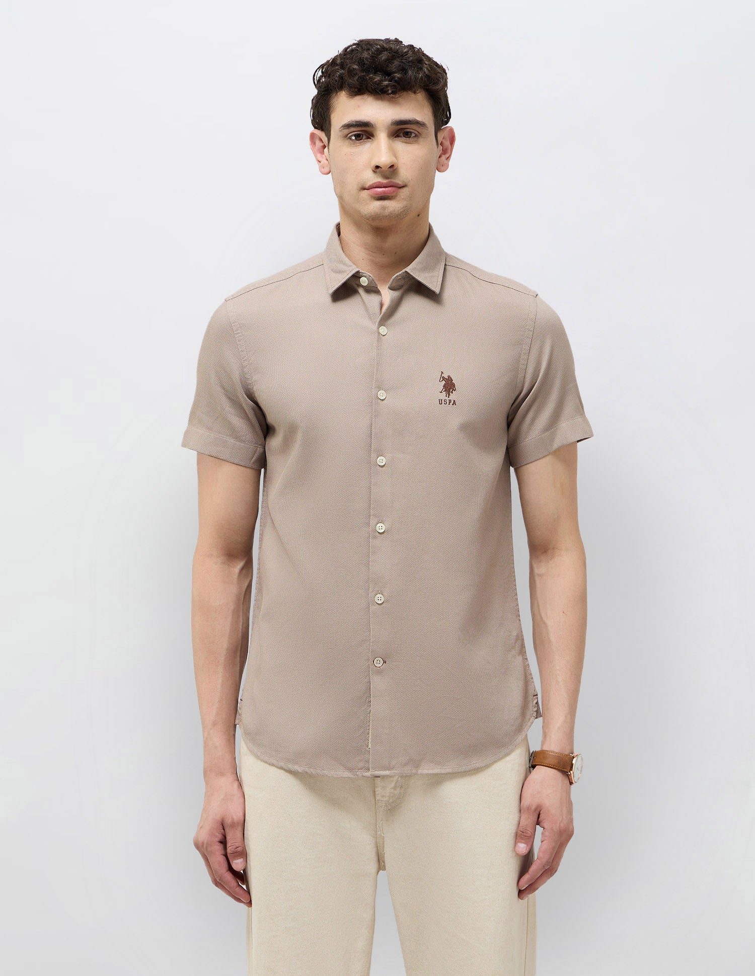 Dobby Textured Regular Fit Shirt Light Brown - U.S. Polo Assn. India | Large