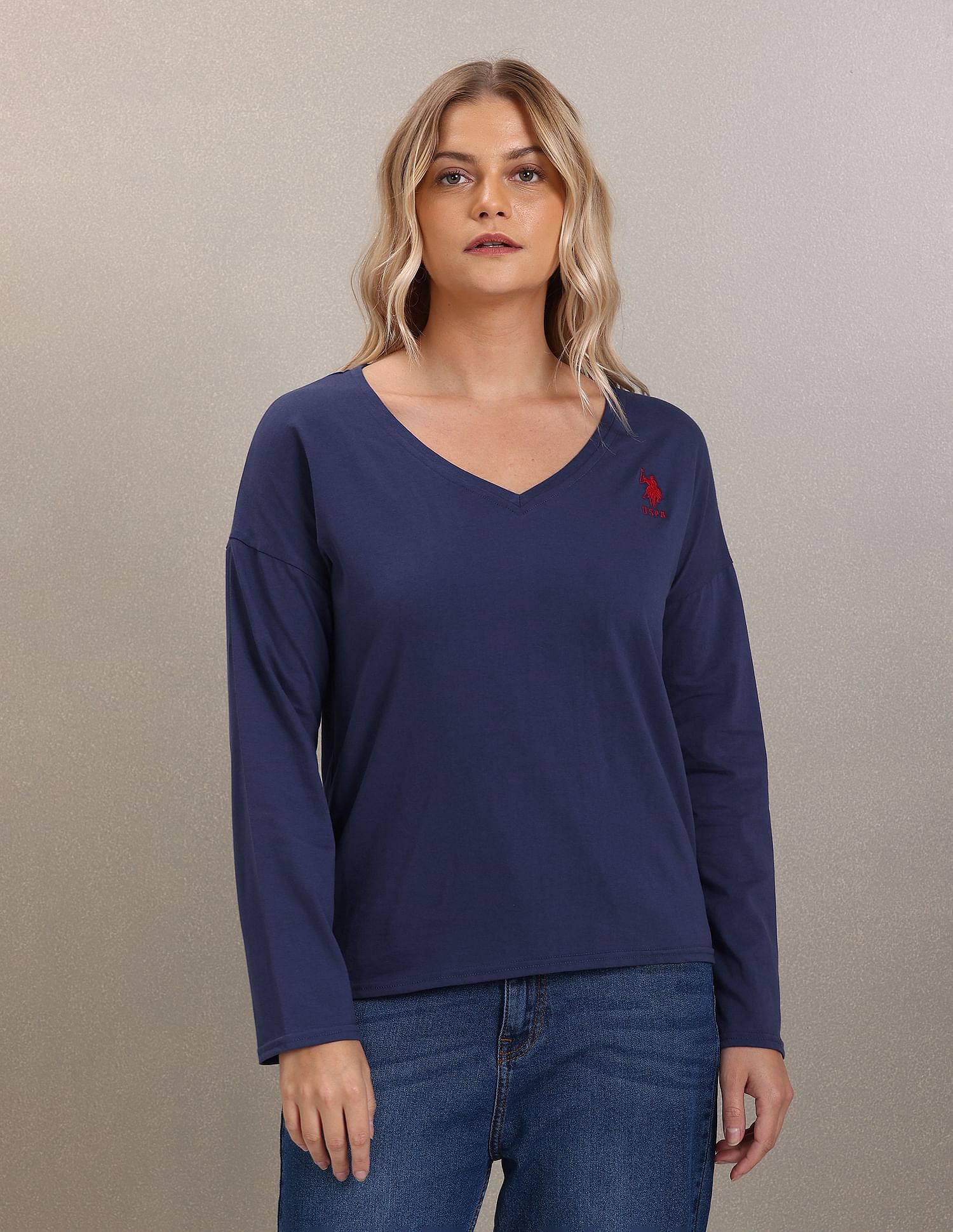 V-Neck Long Sleeve Solid Top Blue - U.S. Polo Assn. India | Large