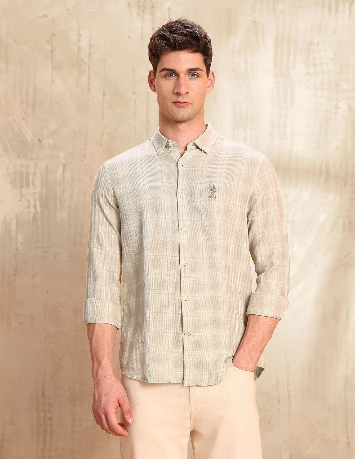 Dobby Regular Fit Shirt Beige - U.S. POLO ASSN. | Large