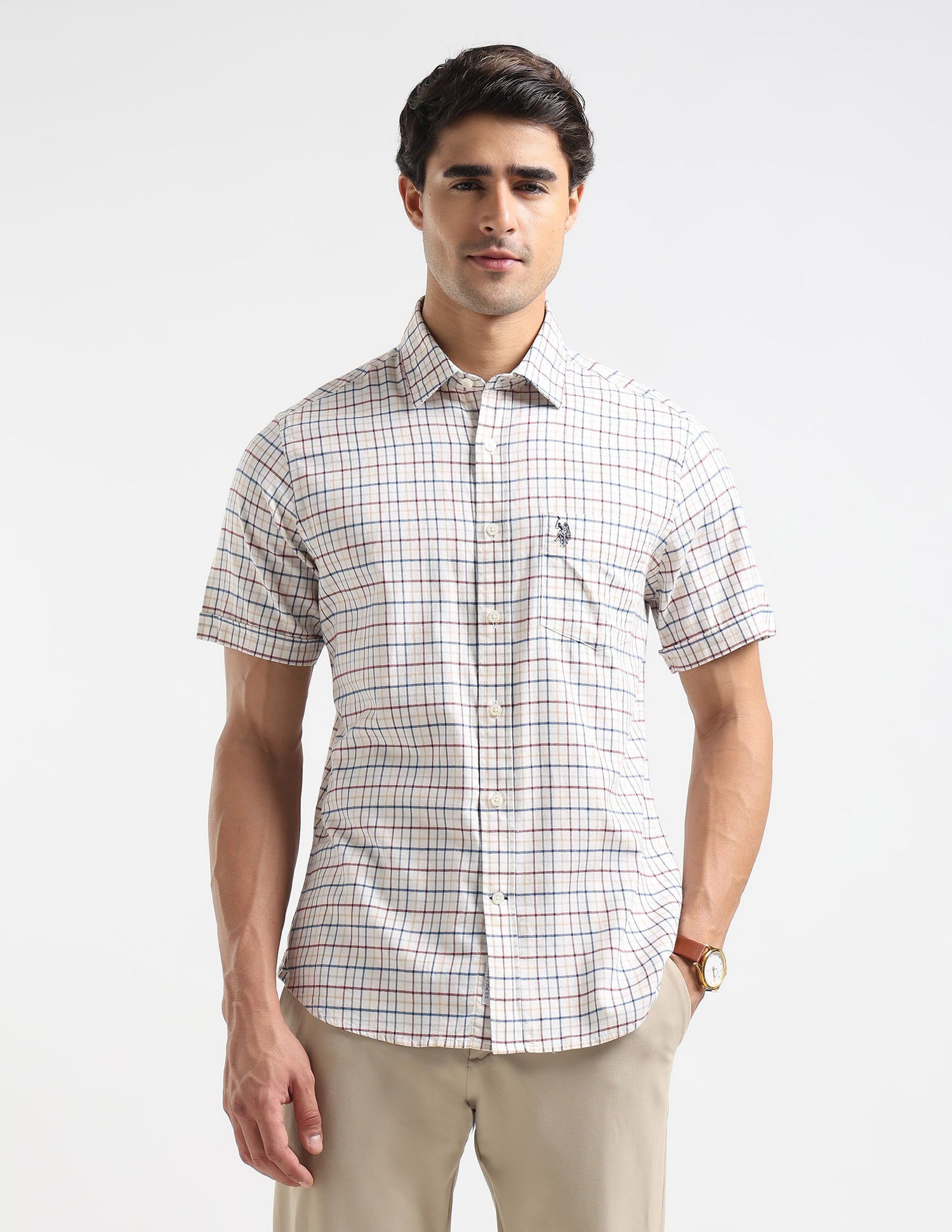 Grid Tattersall Checked Tailored Fit Shirt Ivory - U.S. POLO ASSN. | Large