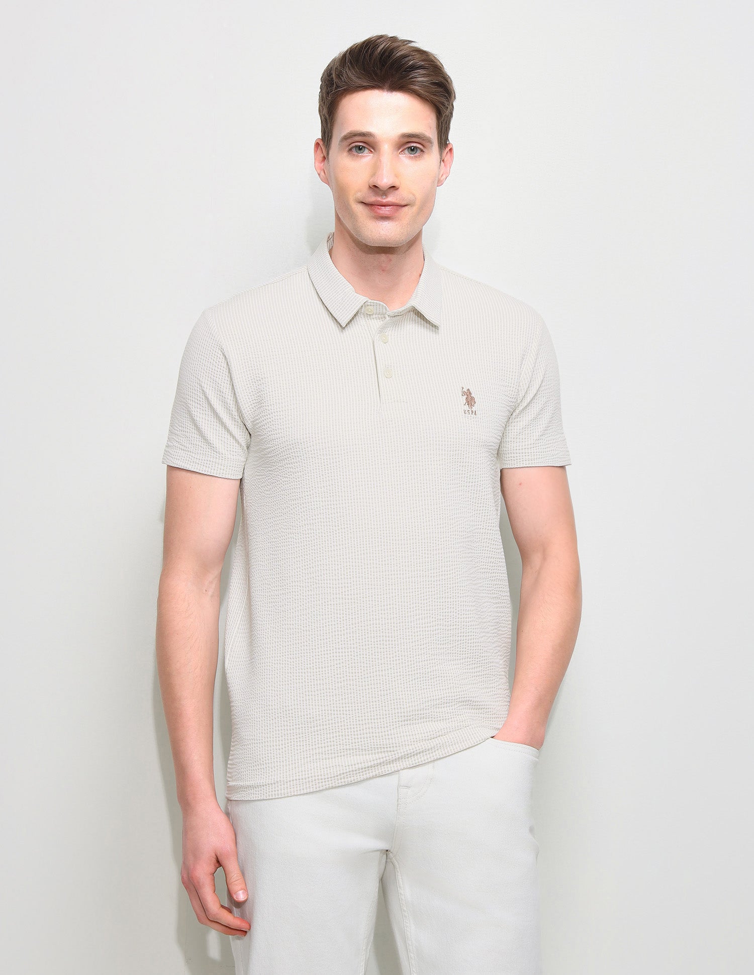 Textured Slim Fit Polo Shirt Off White - U.S. Polo Assn. India | Large