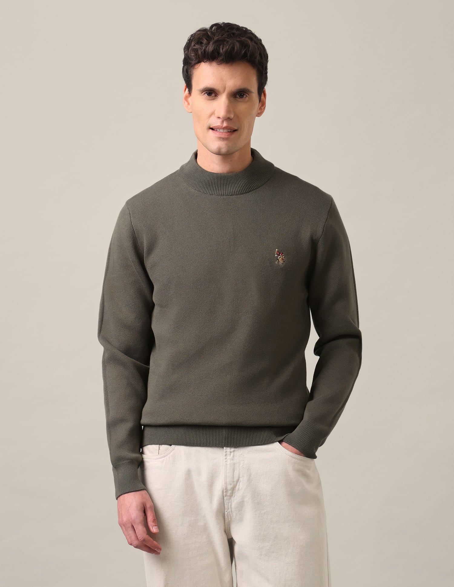 Regular Fit Solid Sweater Olive - U.S. Polo Assn. India | Large