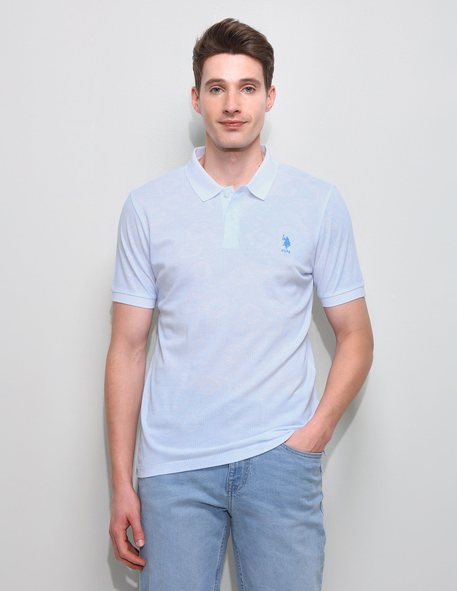 Floral Vertical Striped Slim Fit Polo Shirt Light Blue - U.S. Polo Assn. India | Large