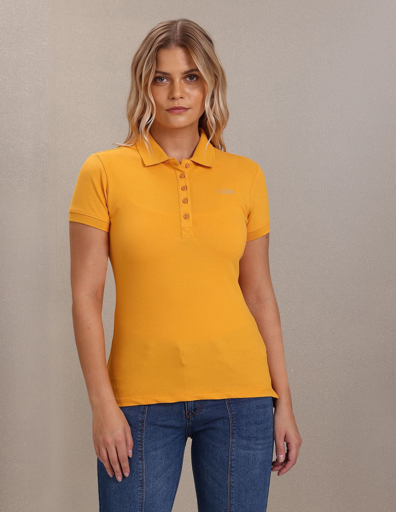 Ribbed Collar Solid Polo Shirt Mustard - U.S. POLO ASSN. | Large