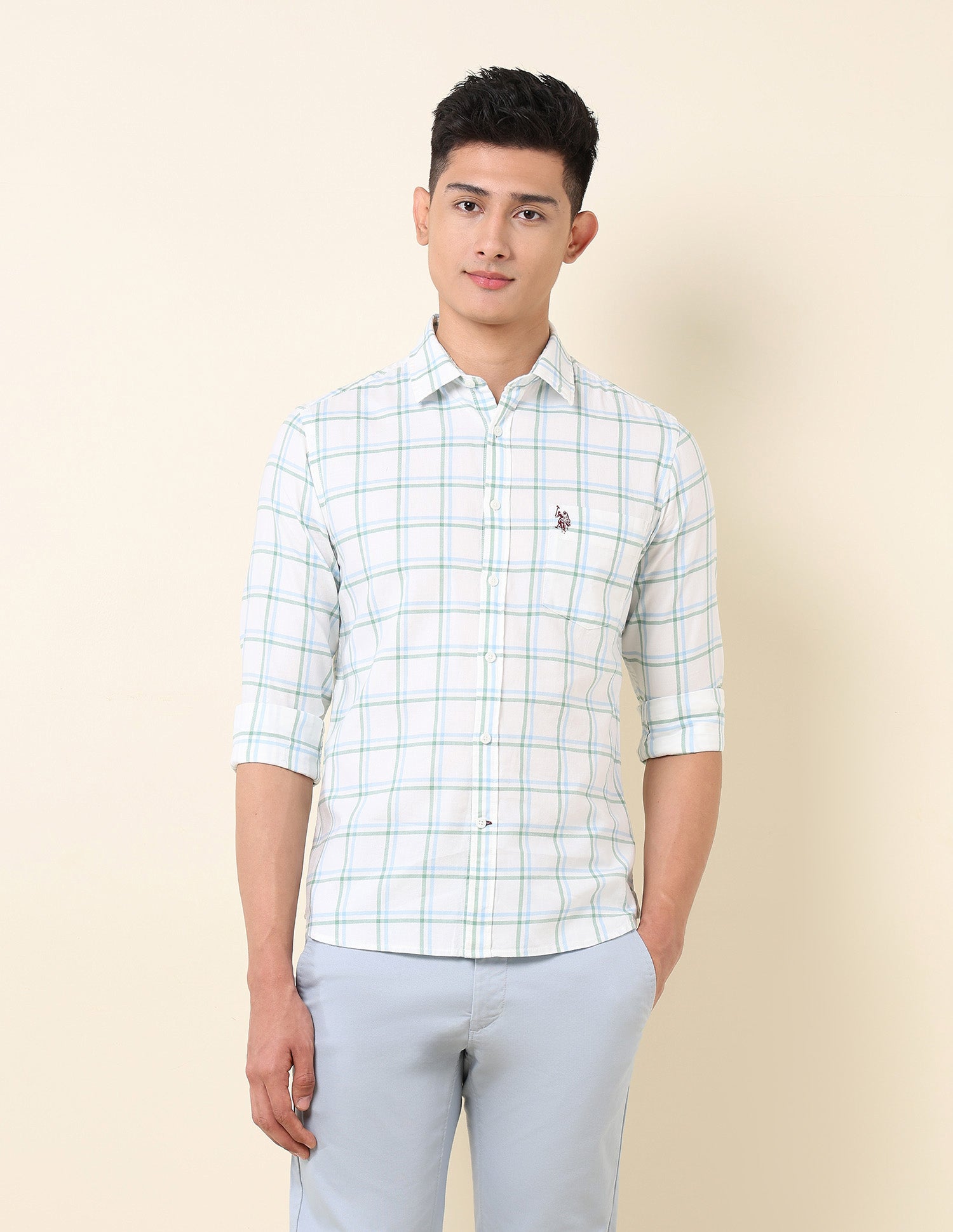 Pure Cotton Windowpane Checked Shirt Light Green - U.S. Polo Assn. India | Large