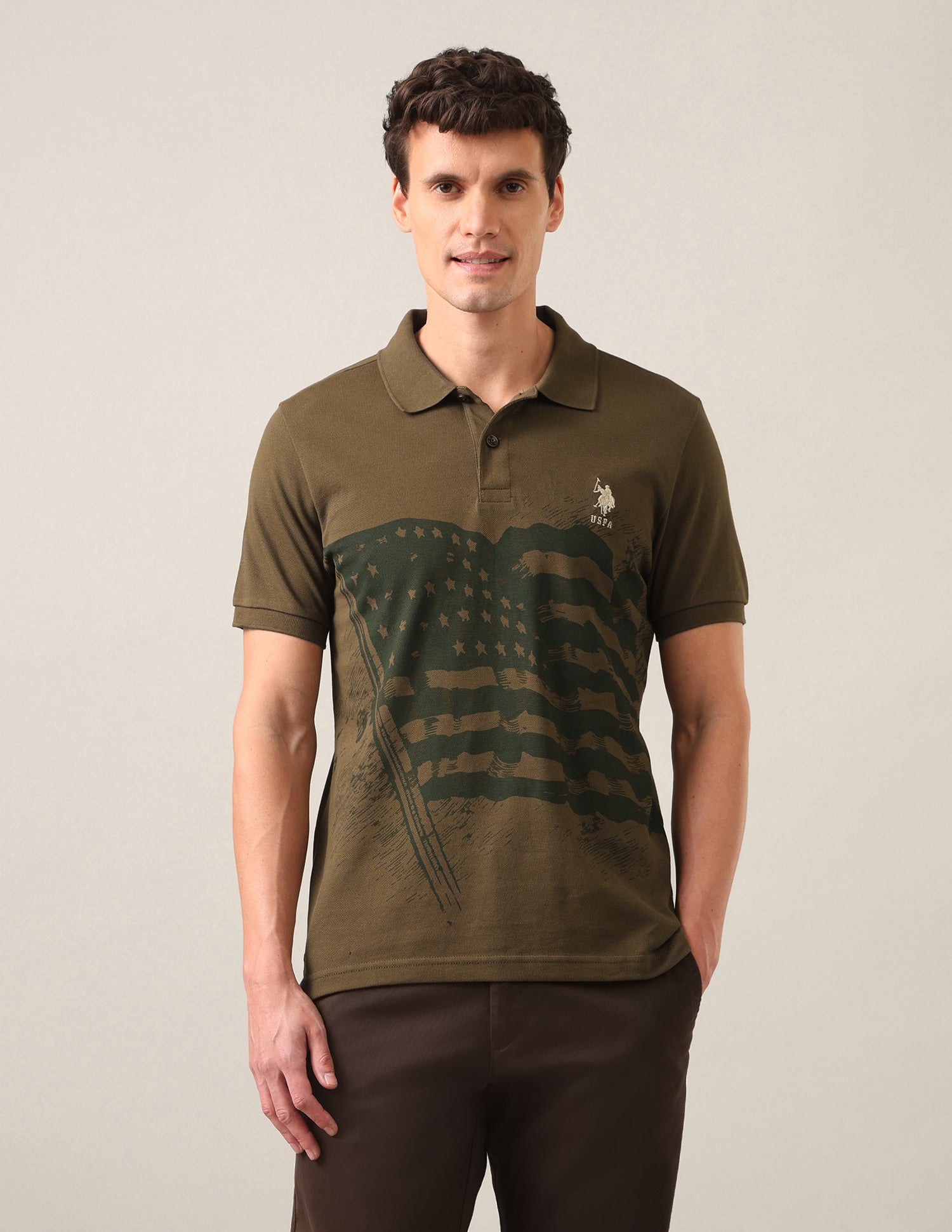 Graphic Printed Slim Fit Polo Shirt Olive - U.S. Polo Assn. India | Large