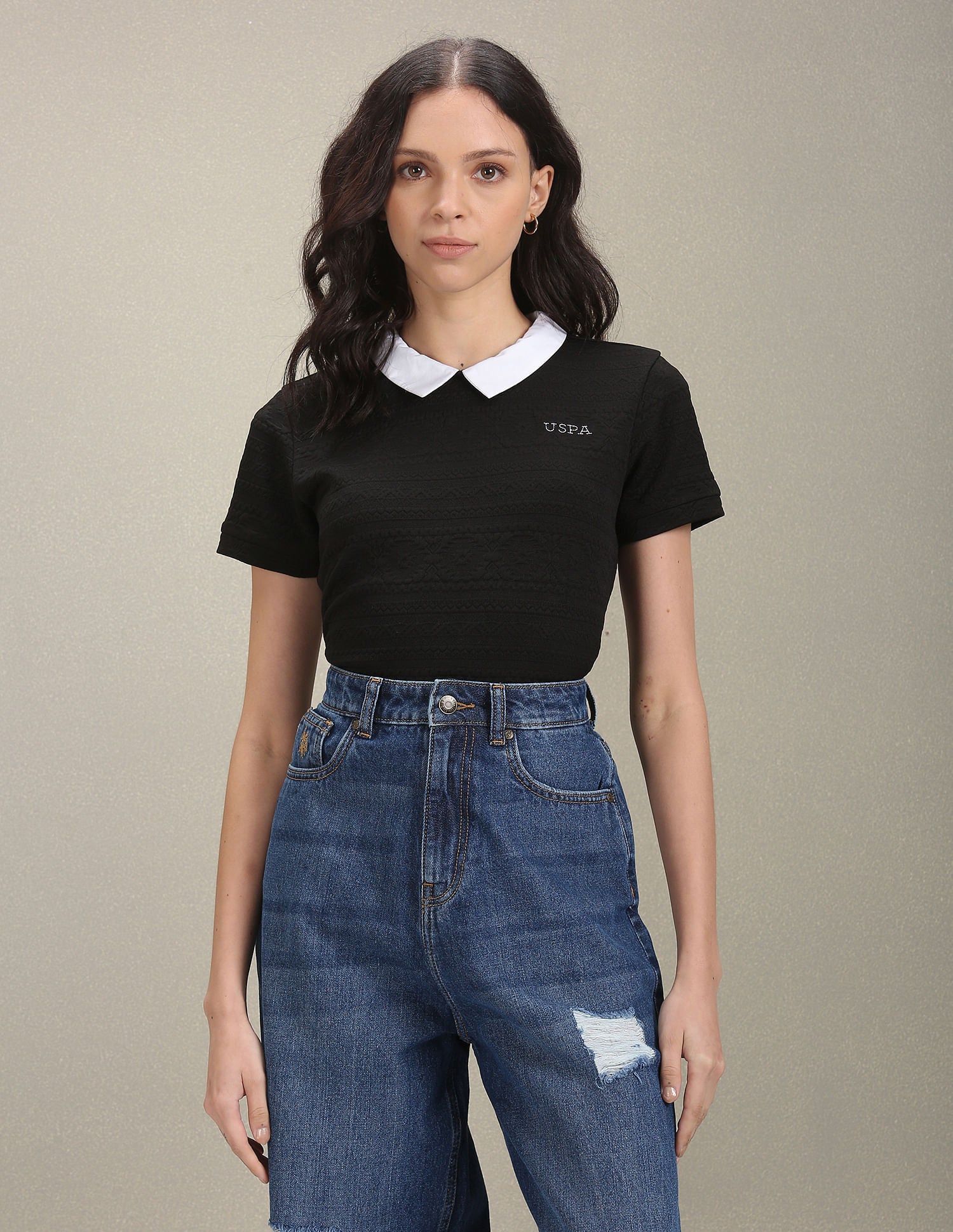 COontrast Collar Patterned Polo Shirt Black - U.S. POLO ASSN. | Large