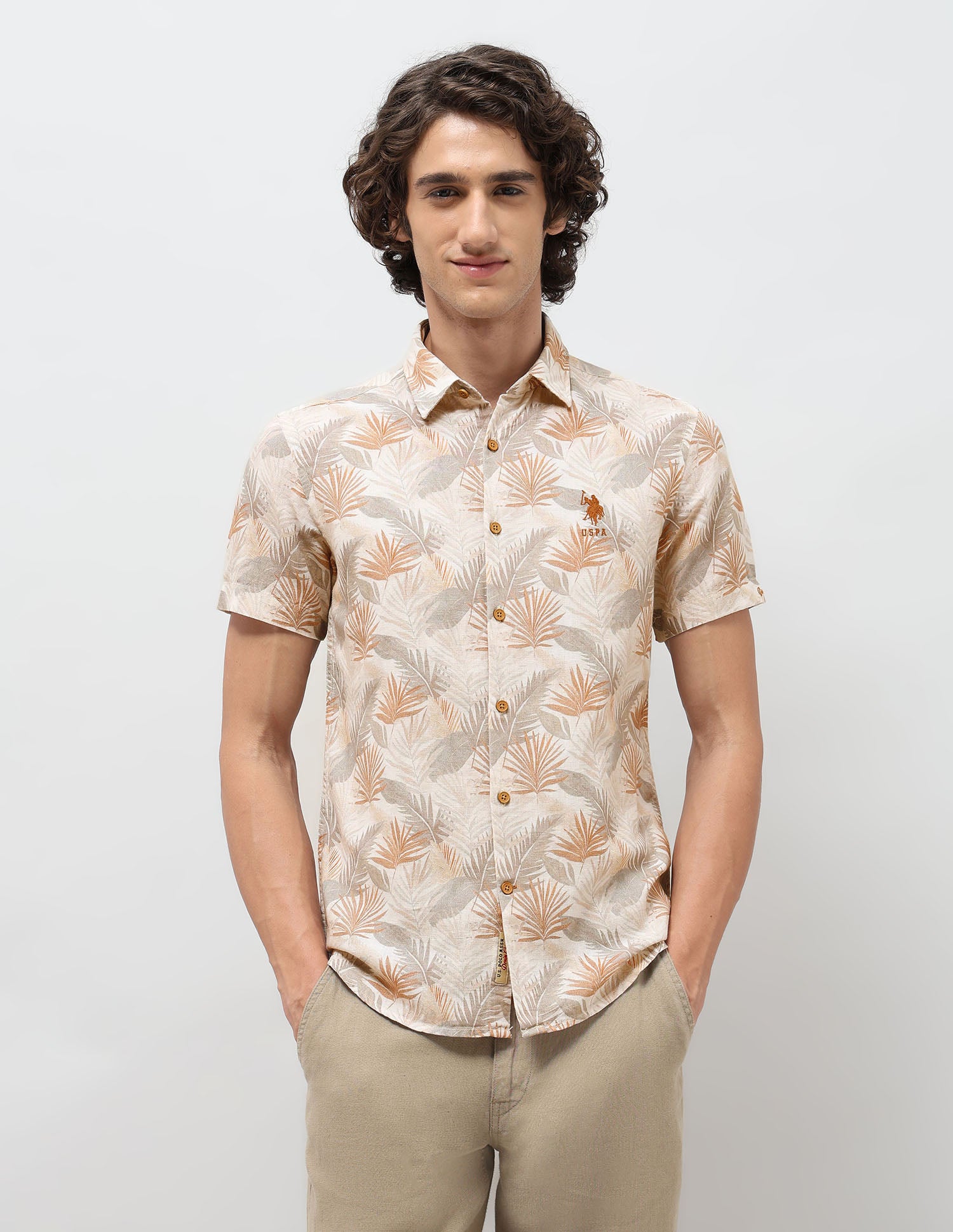 Tropical Printed Slim Fit Shirt Beige - U.S. POLO ASSN. | Large
