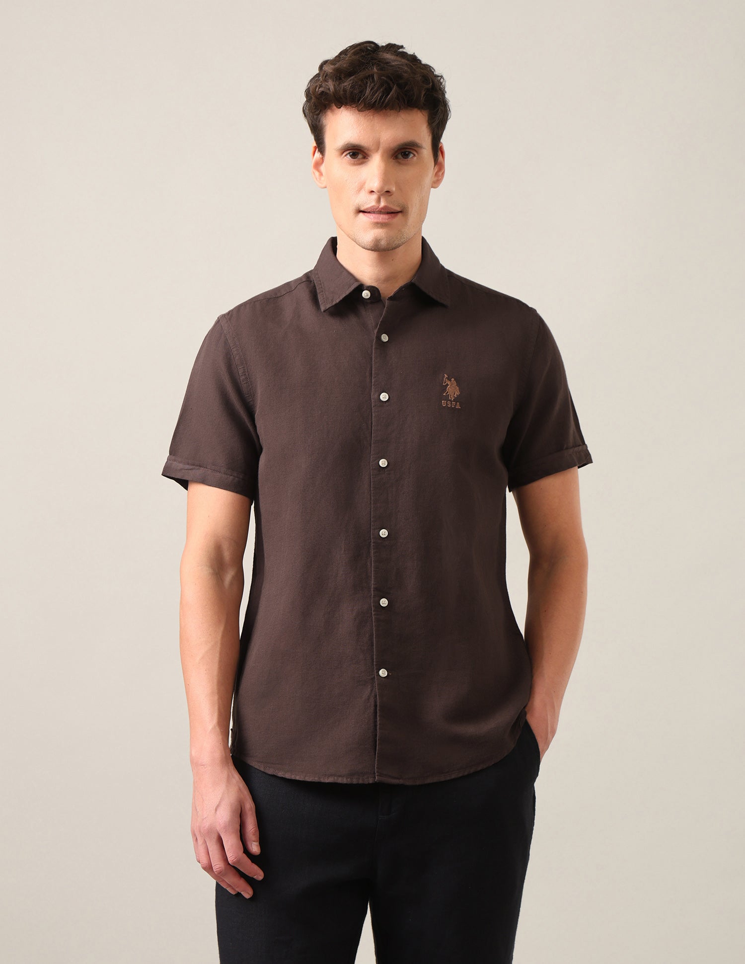 Solid Regular Fit Shirt Brown - U.S. Polo Assn. India | Large