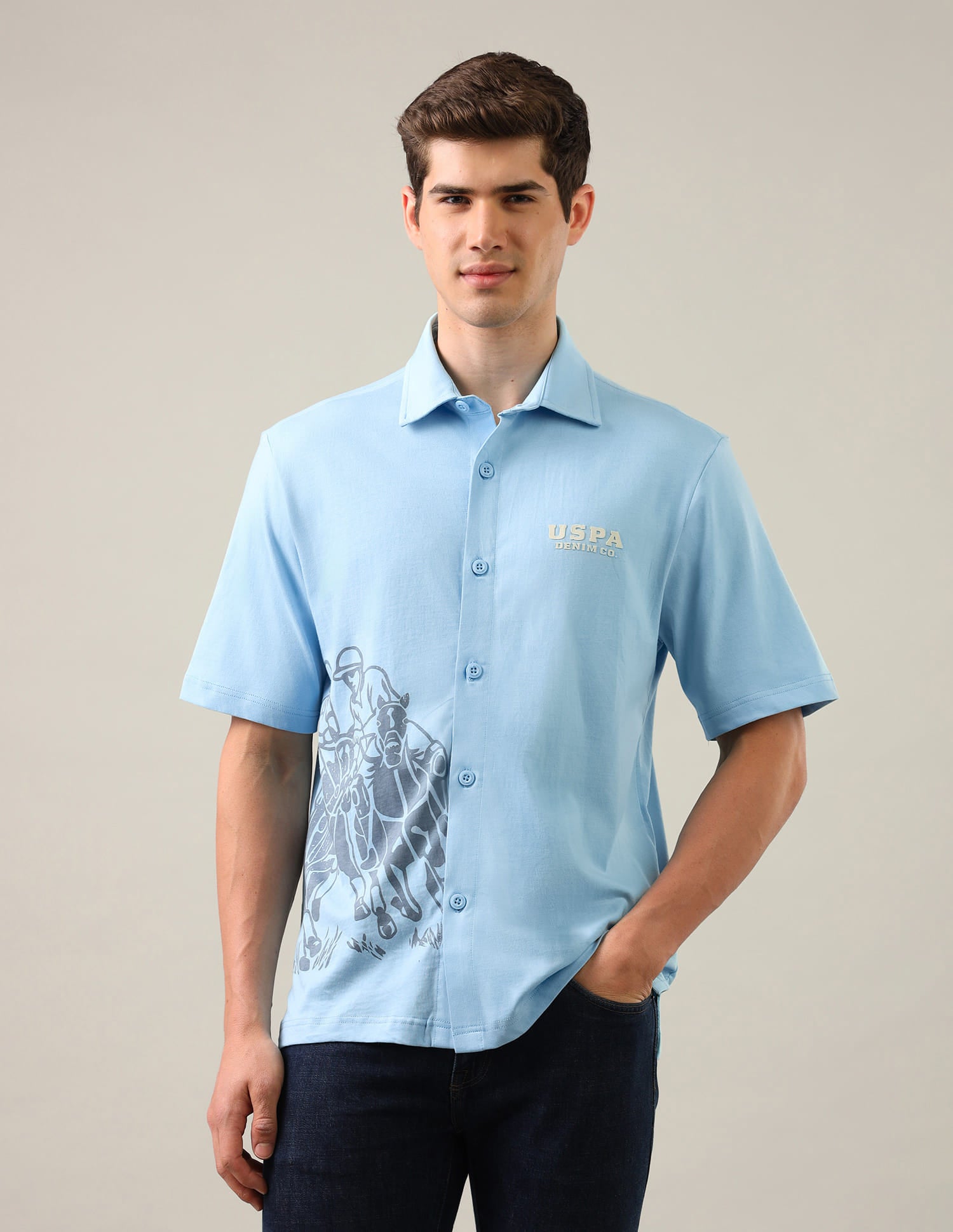 Graphic Brand Printed Knitted Shirt Blue - U.S. Polo Assn. India | Large