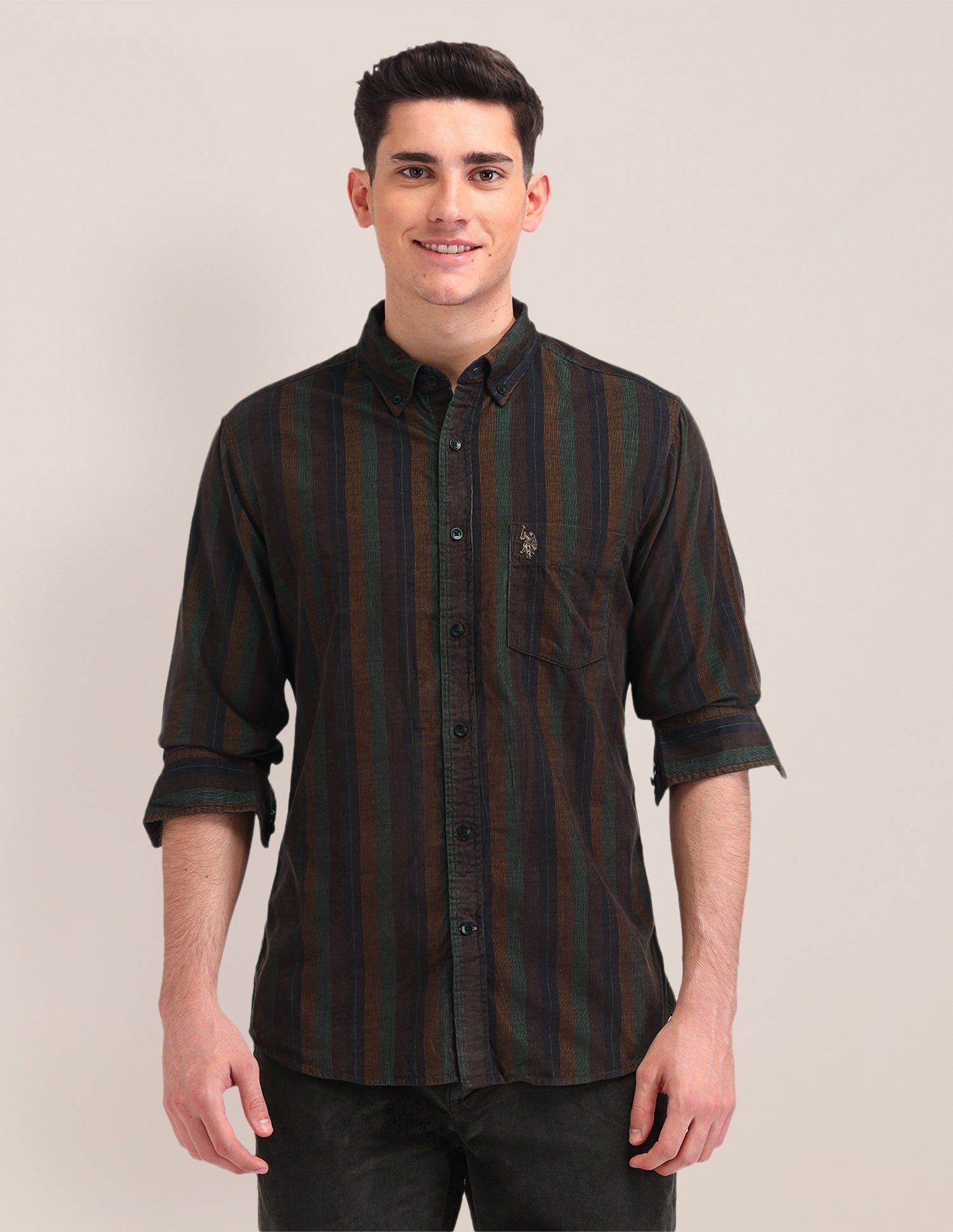 Vertical Striped Tailored Fit Shirt Brown - U.S. Polo Assn. India | Large