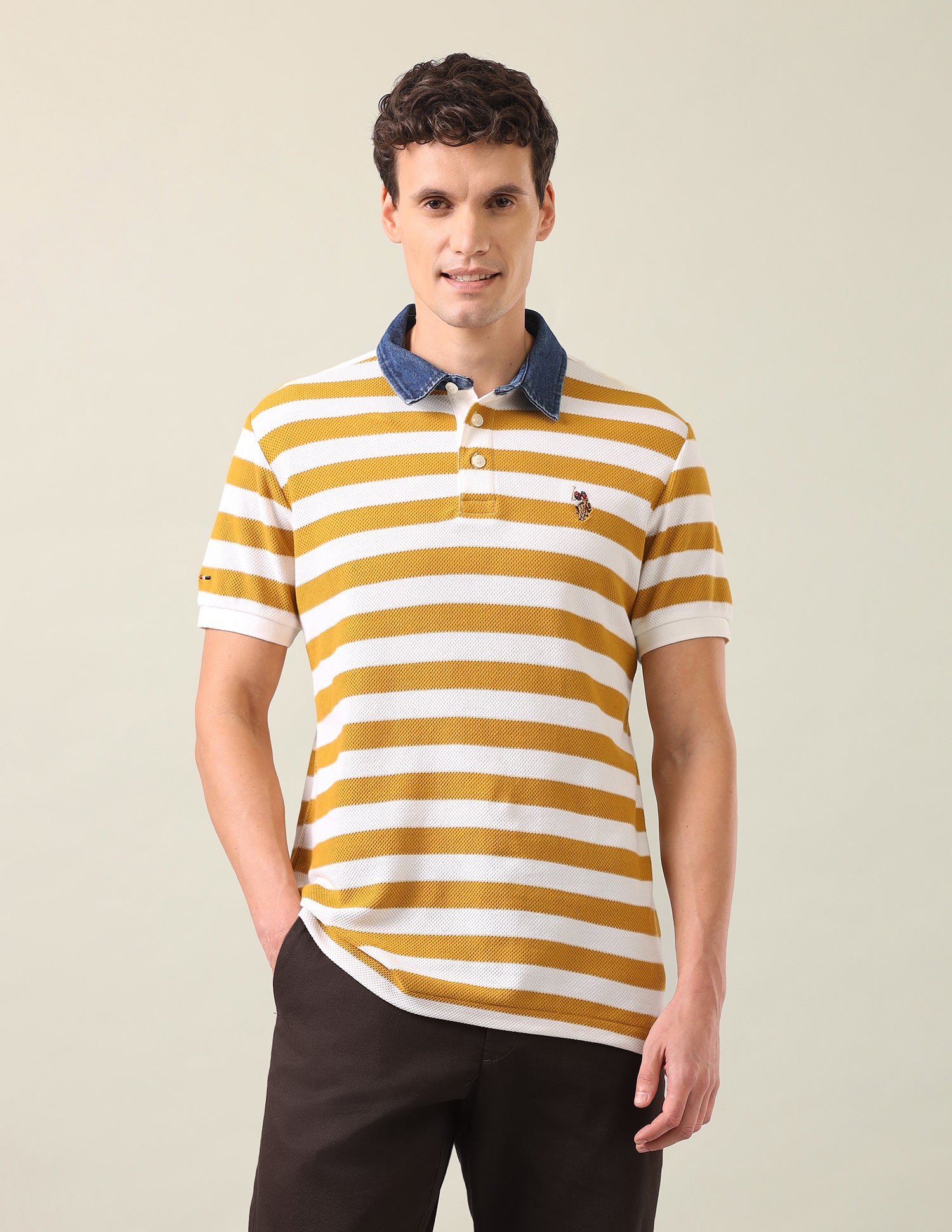 Horizontal Striped Slim Fit Polo Shirt Mustard - U.S. Polo Assn. India | Large