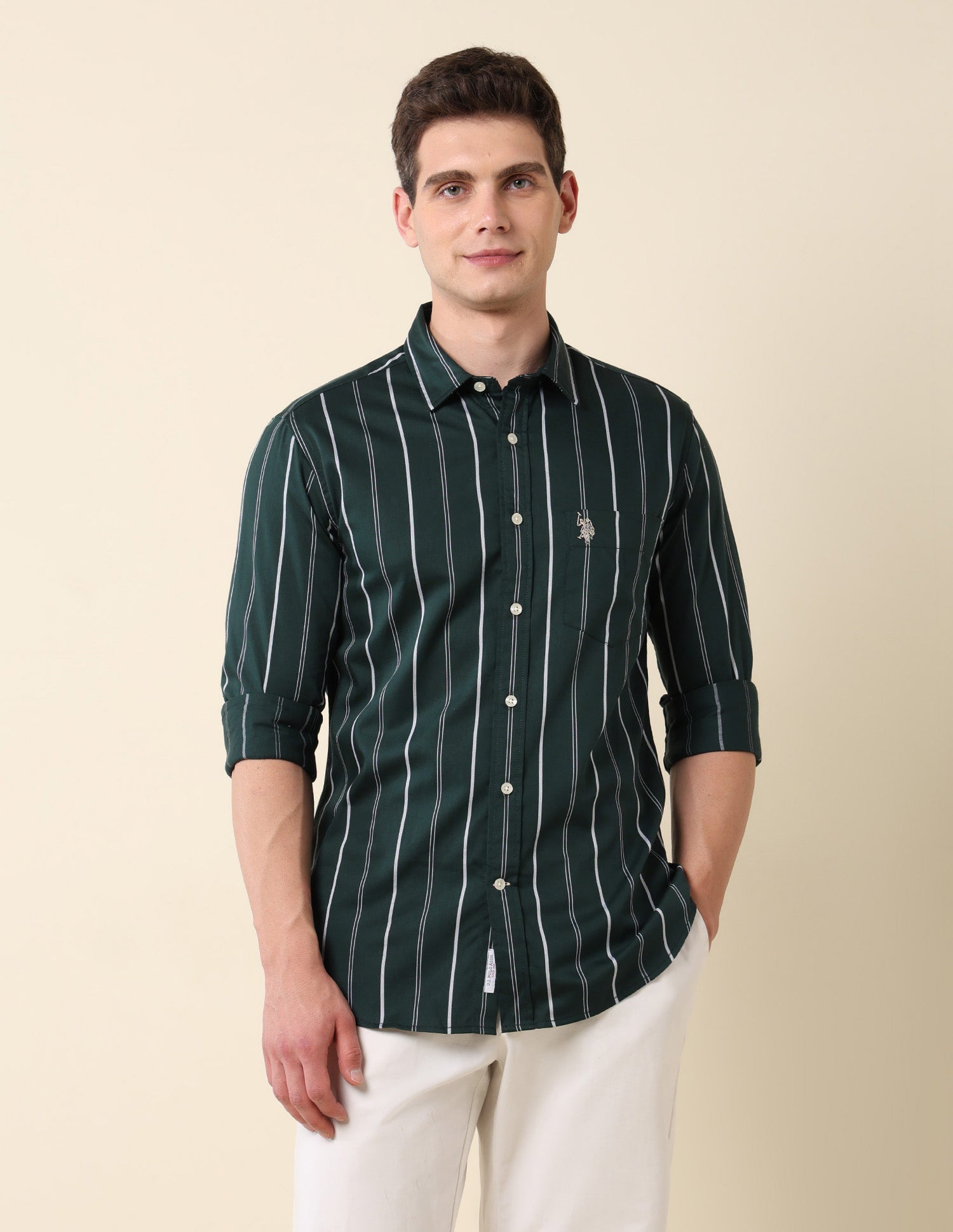 Vertical Striped Pure Cotton Shirt Dark Green - U.S. Polo Assn. India | Large
