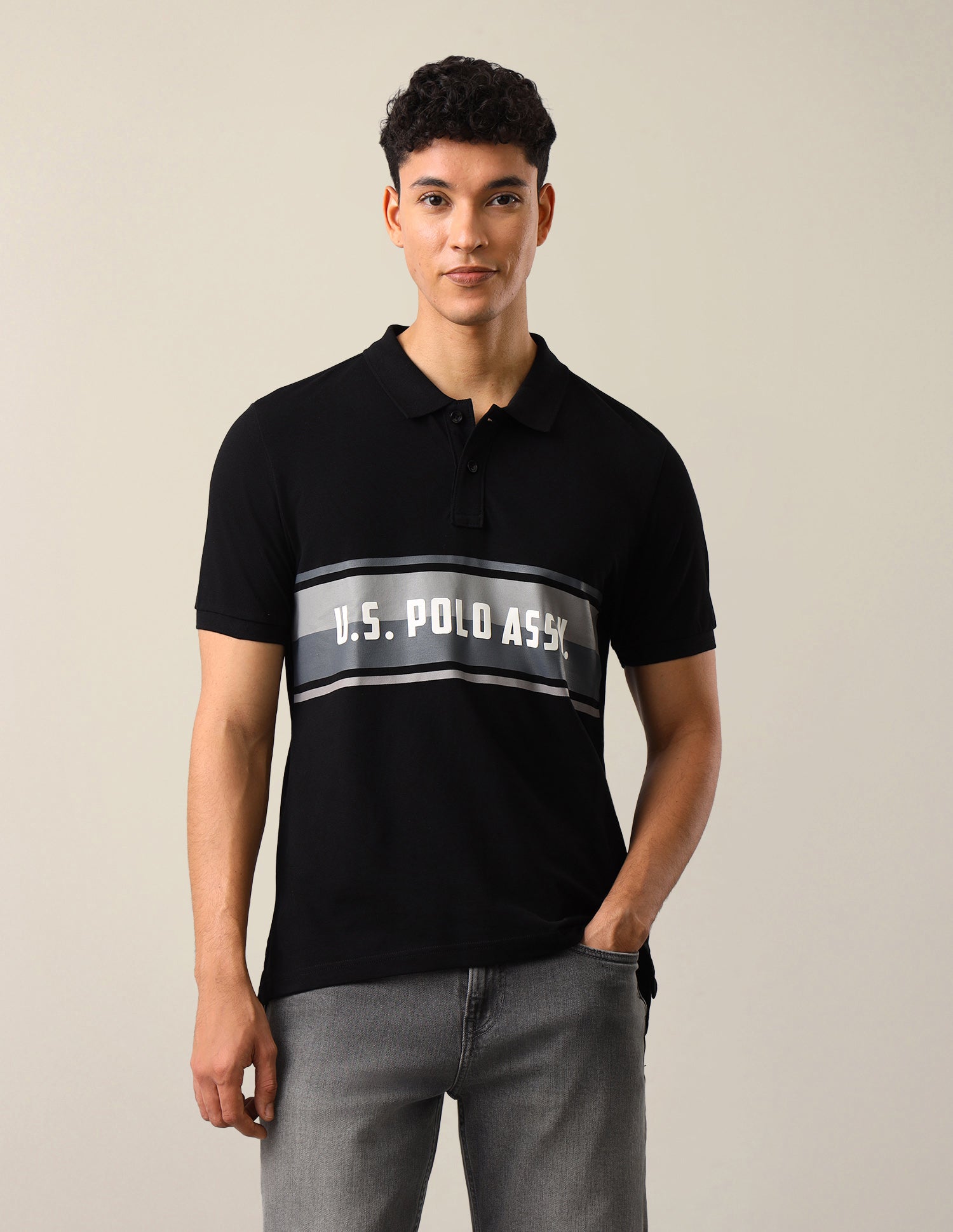 Colourblocked With Brand Printed Slim Fit Polo Shirt Black - U.S. Polo Assn. India | Large