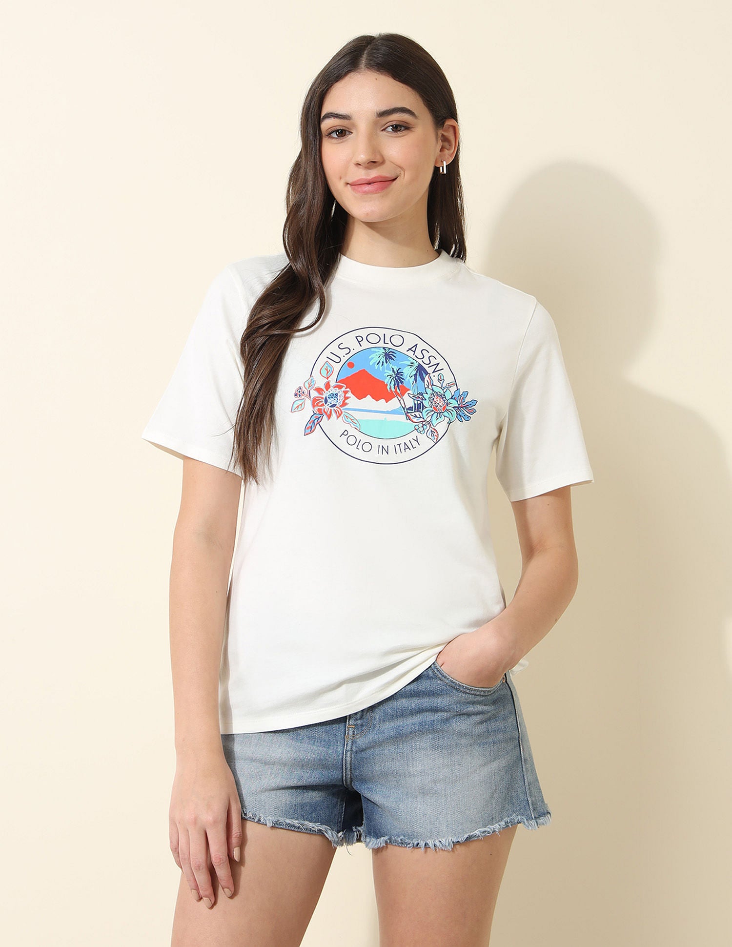 Boxy Fit Brand Printed T-Shirt Off White - U.S. POLO ASSN. | Large