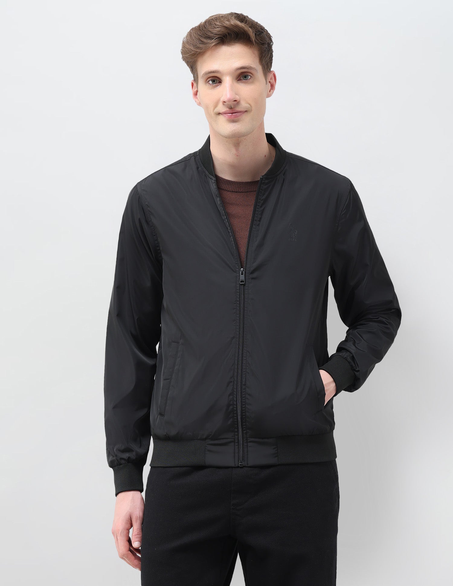 Solid Regular Fit Bomber Jacket Black - U.S. Polo Assn. India | Large