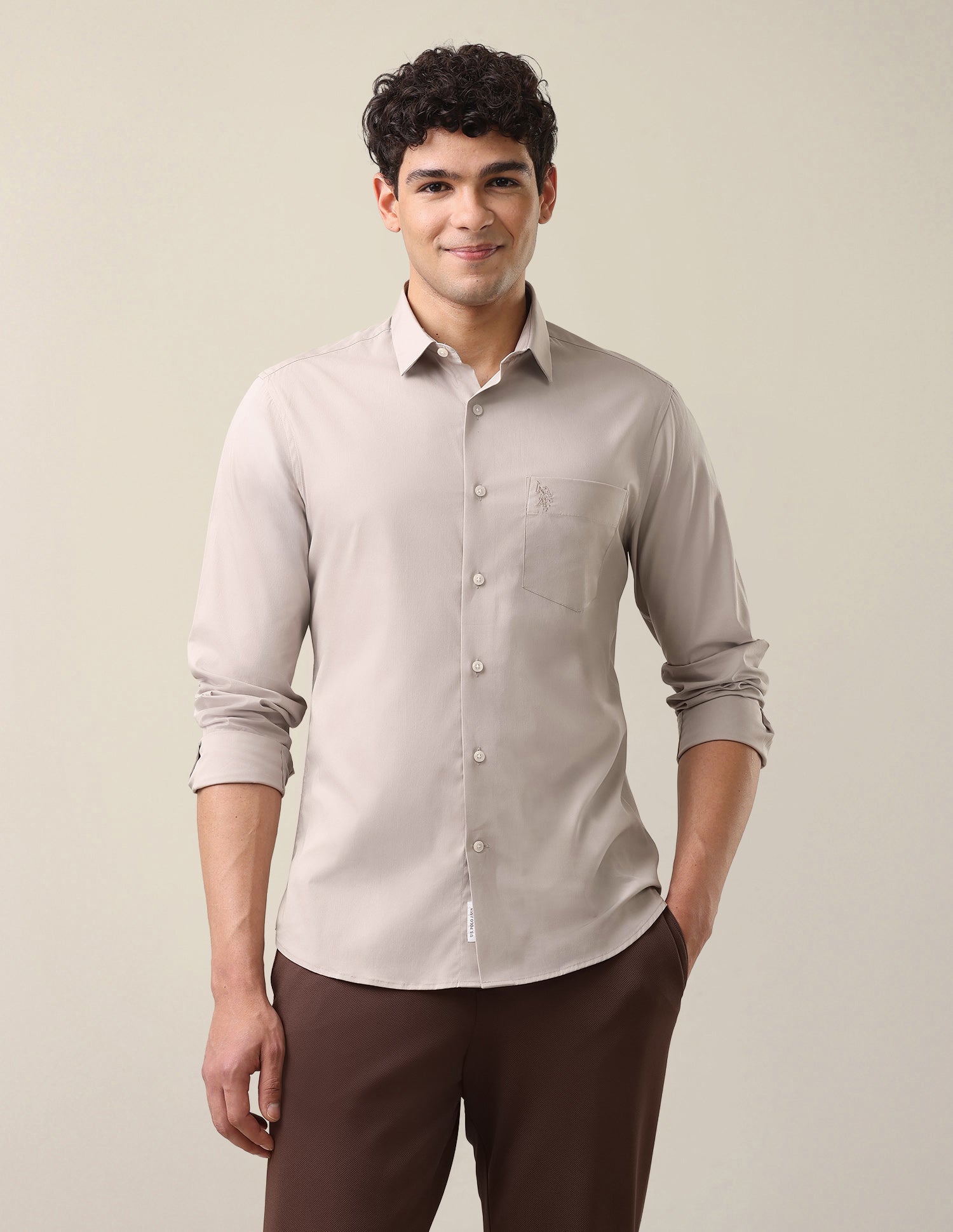 Solid Tailored Fit Shirt Light Beige - U.S. Polo Assn. India | Large