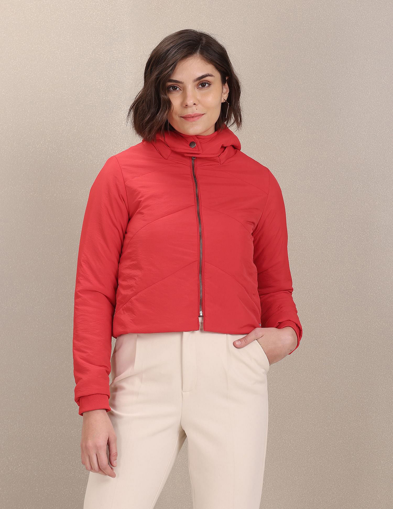 Detachable Hood Solid Cropped Jacket Red - U.S. POLO ASSN. | Large