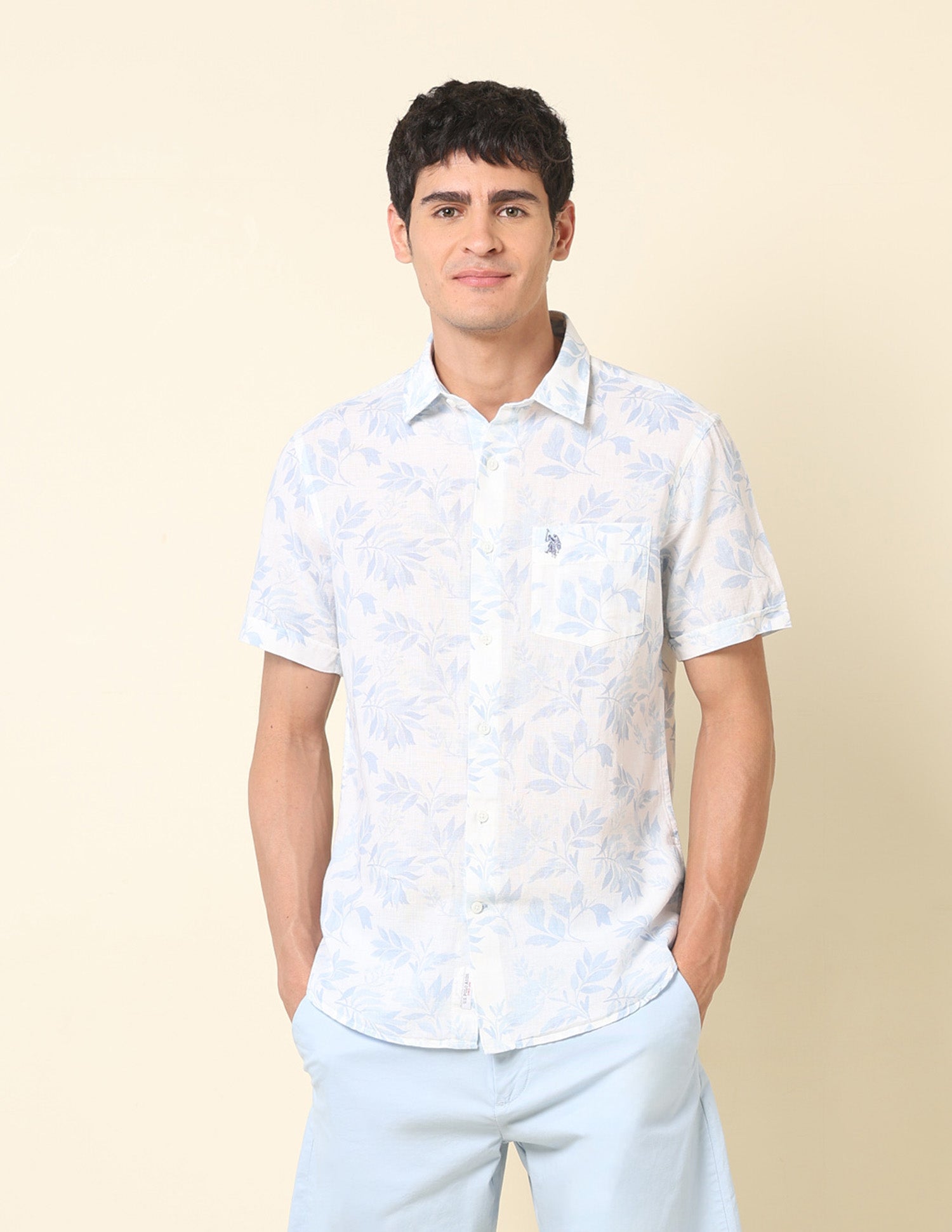 Tropical Printed Tailored Fit Shirt Light Blue - U.S. Polo Assn. India | Large