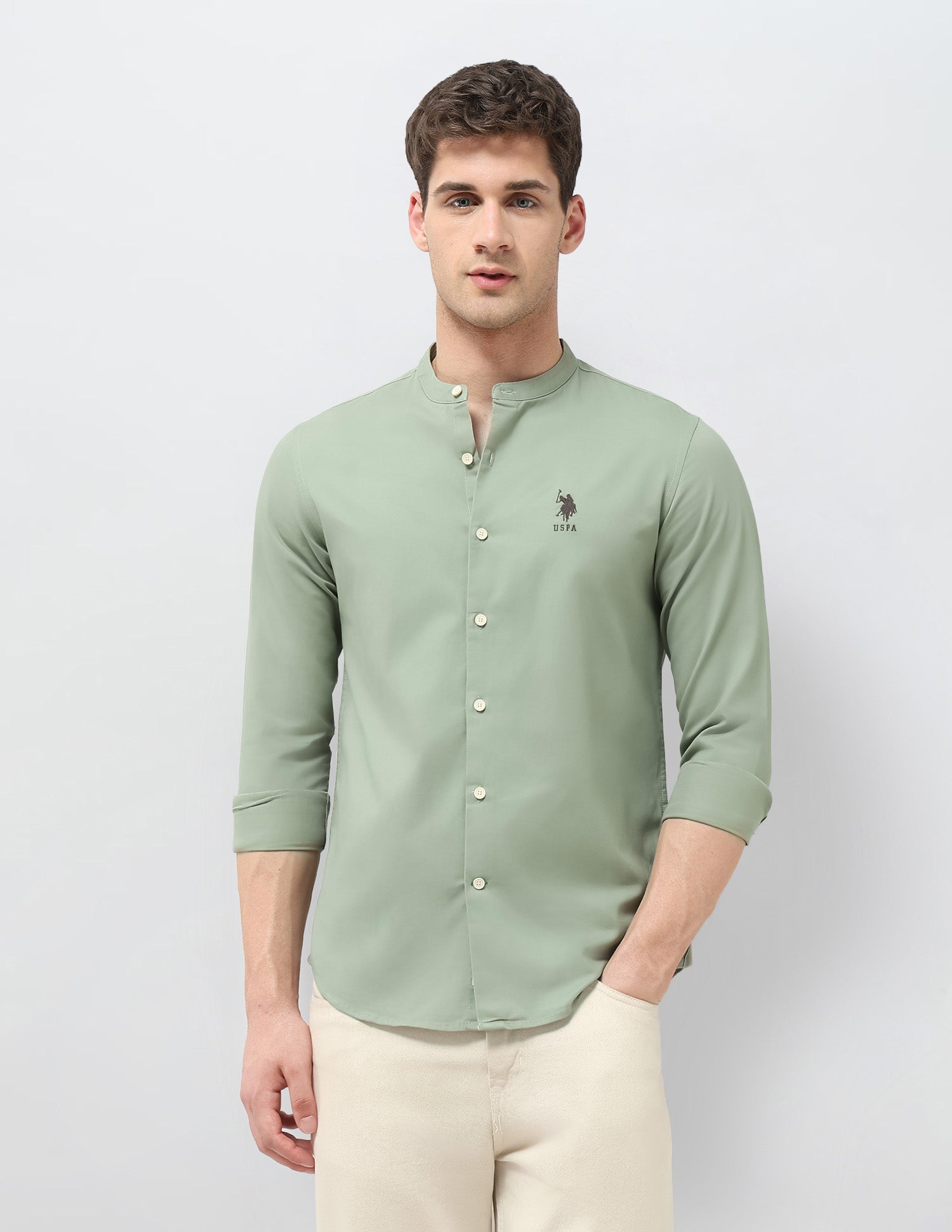 Solid Twill Regular Fit Shirt Light Green - U.S. Polo Assn. India | Large