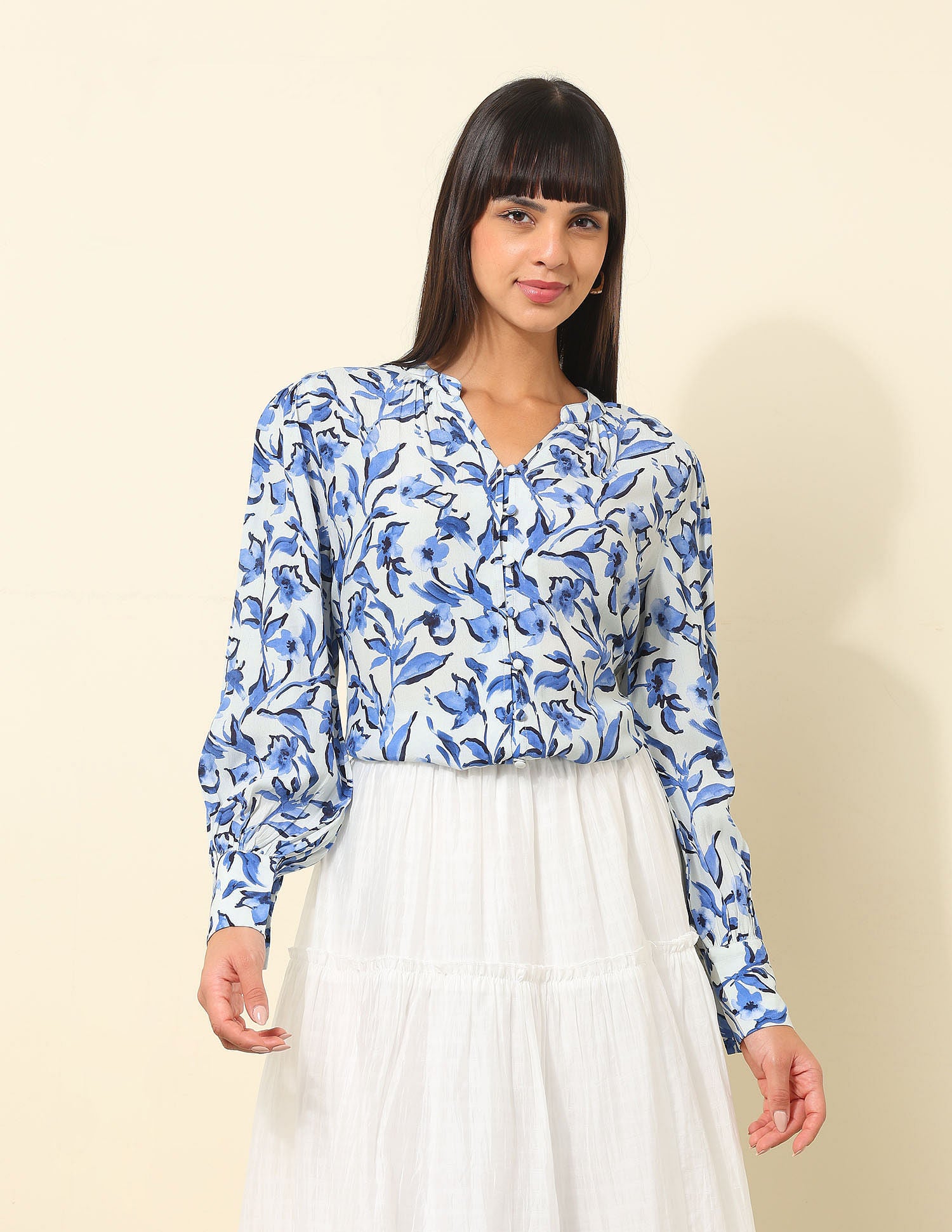 Mandrin Collar Shirt With Aop Off White - U.S. Polo Assn. India | Large