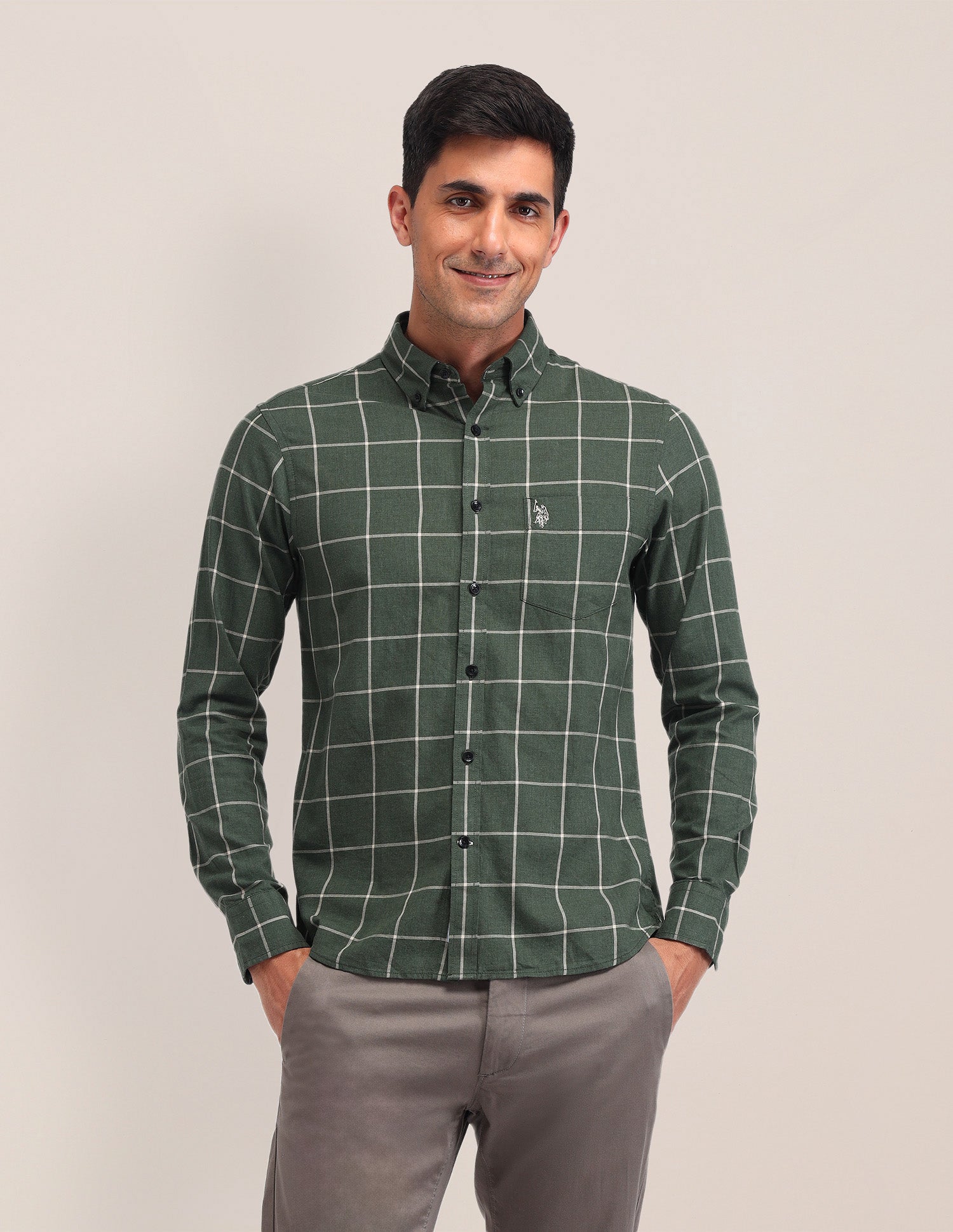 Windowpane Checked Tailored Fit Shirt Olive - U.S. Polo Assn. India | Large
