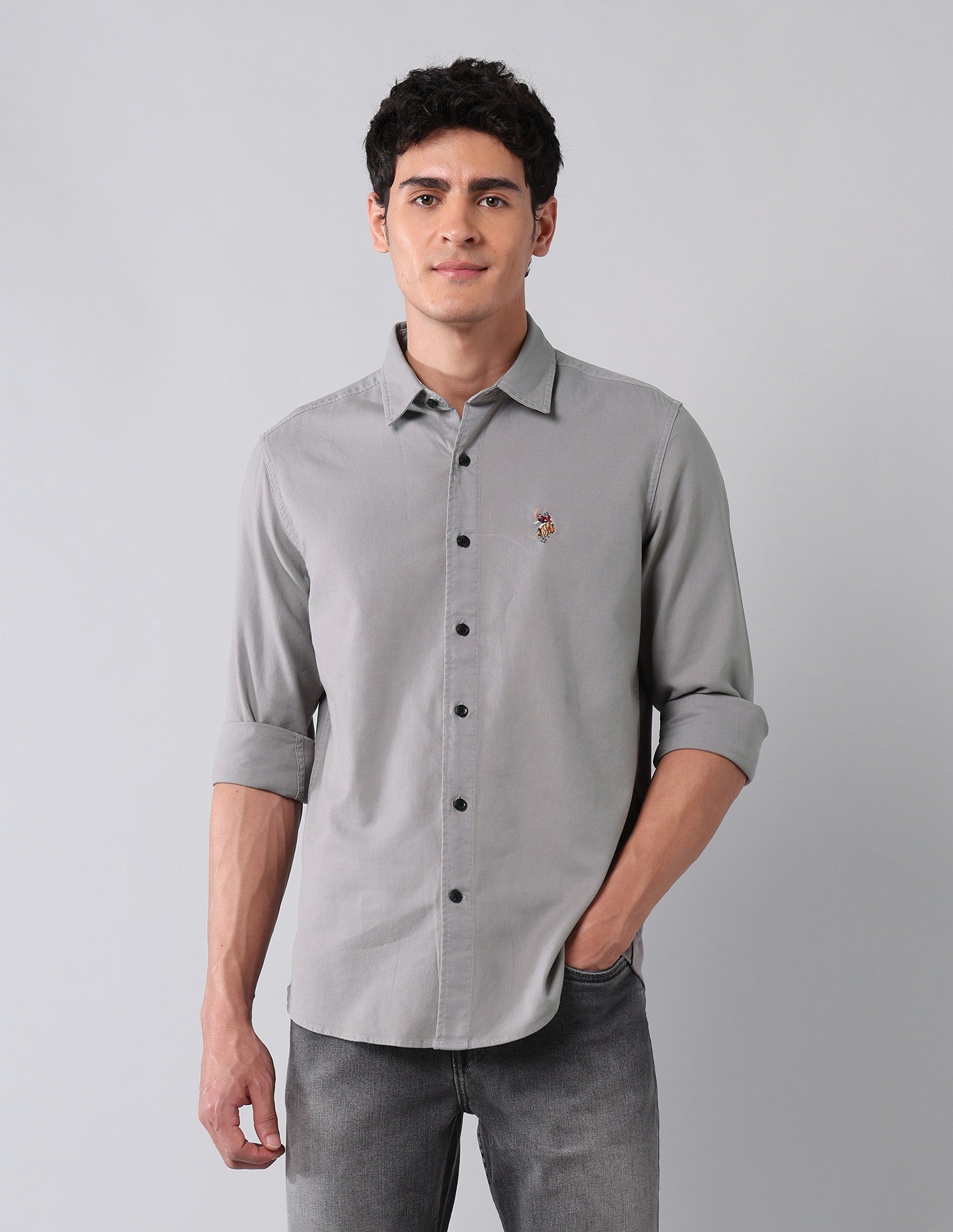 Pure Cotton Regular Fit Twill Shirt Grey - U.S. Polo Assn. India | Large