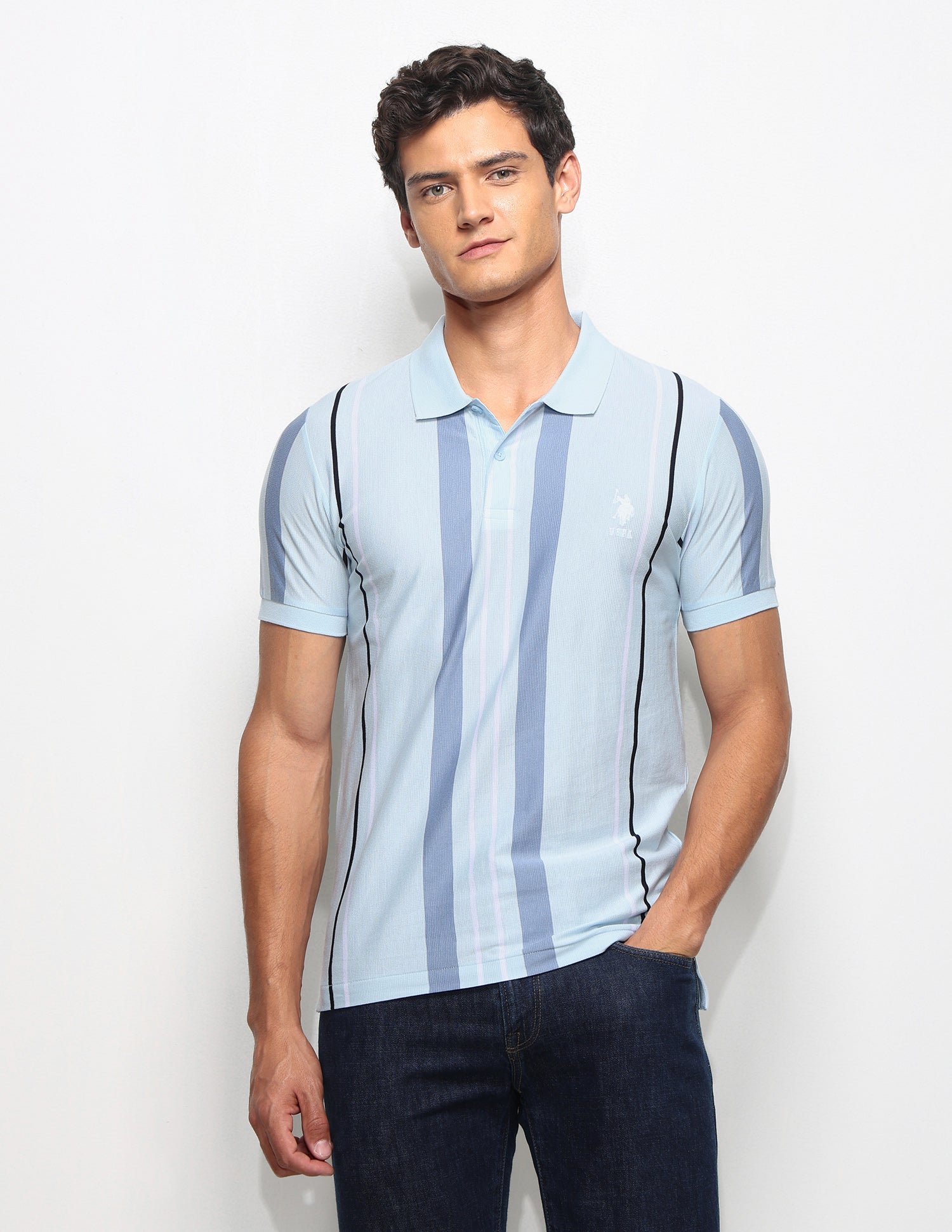 Vertical Striped Slim Fit Polo Shirt Light Blue - U.S. Polo Assn. India | Large