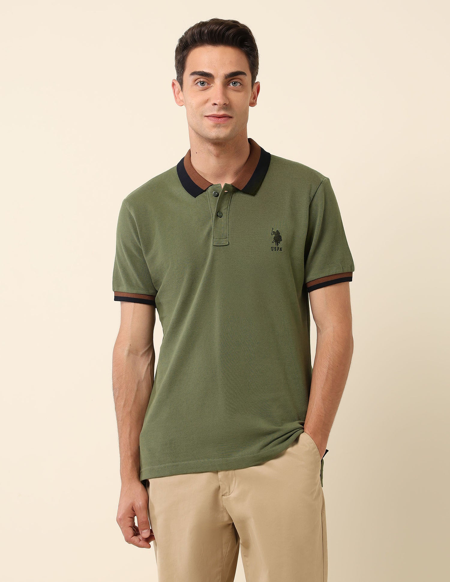 Solid Slim Fit Polo Shirt Olive - U.S. Polo Assn. India | Large