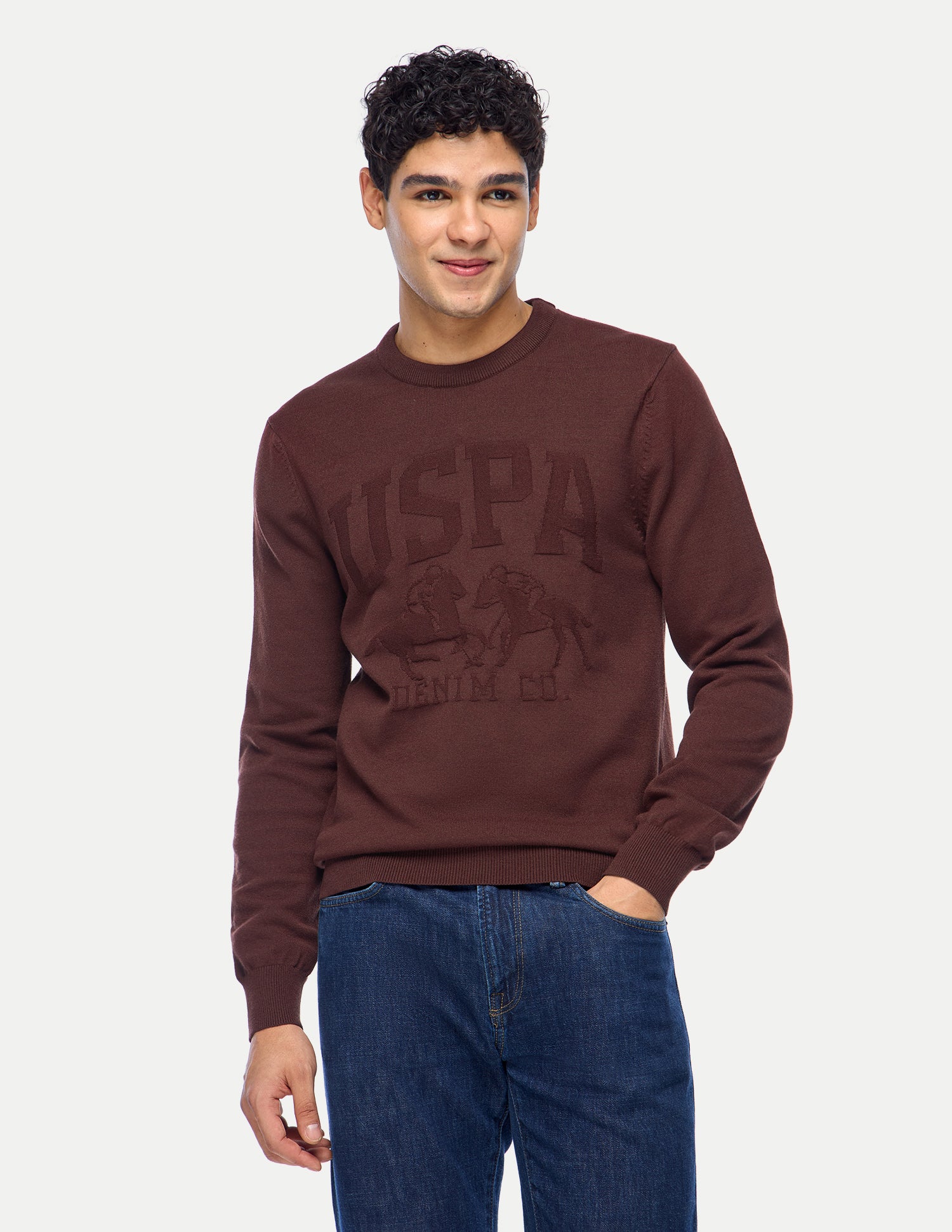 Brand Embossed Regular Fit Sweater Dark Brown - U.S. Polo Assn. India | Large