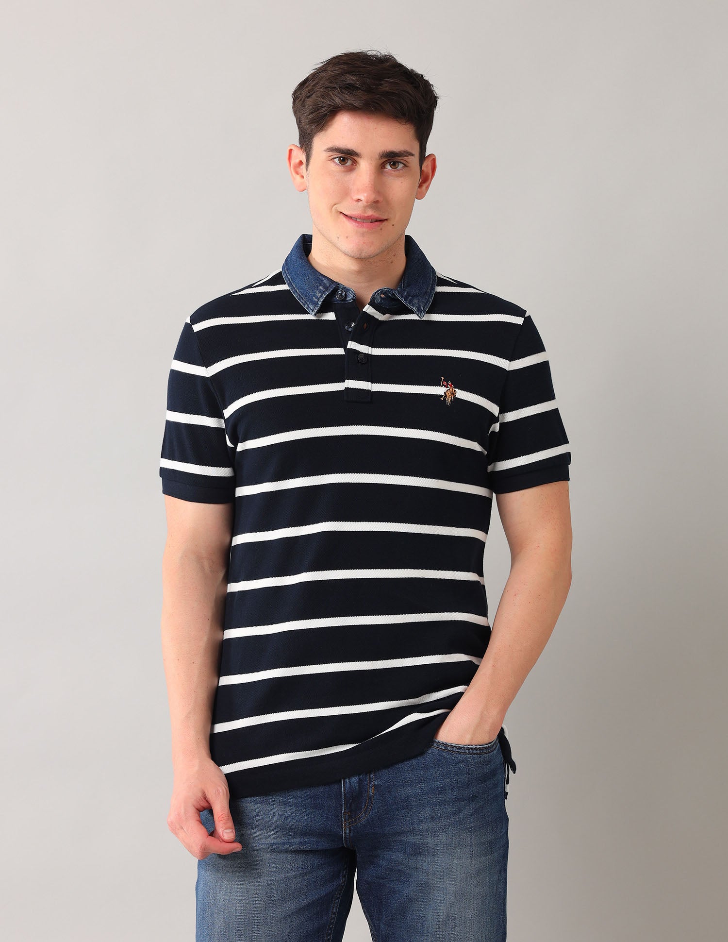 Horizontal Stripes Pure Cotton Polo Shirt Navy - U.S. Polo Assn. India | Large