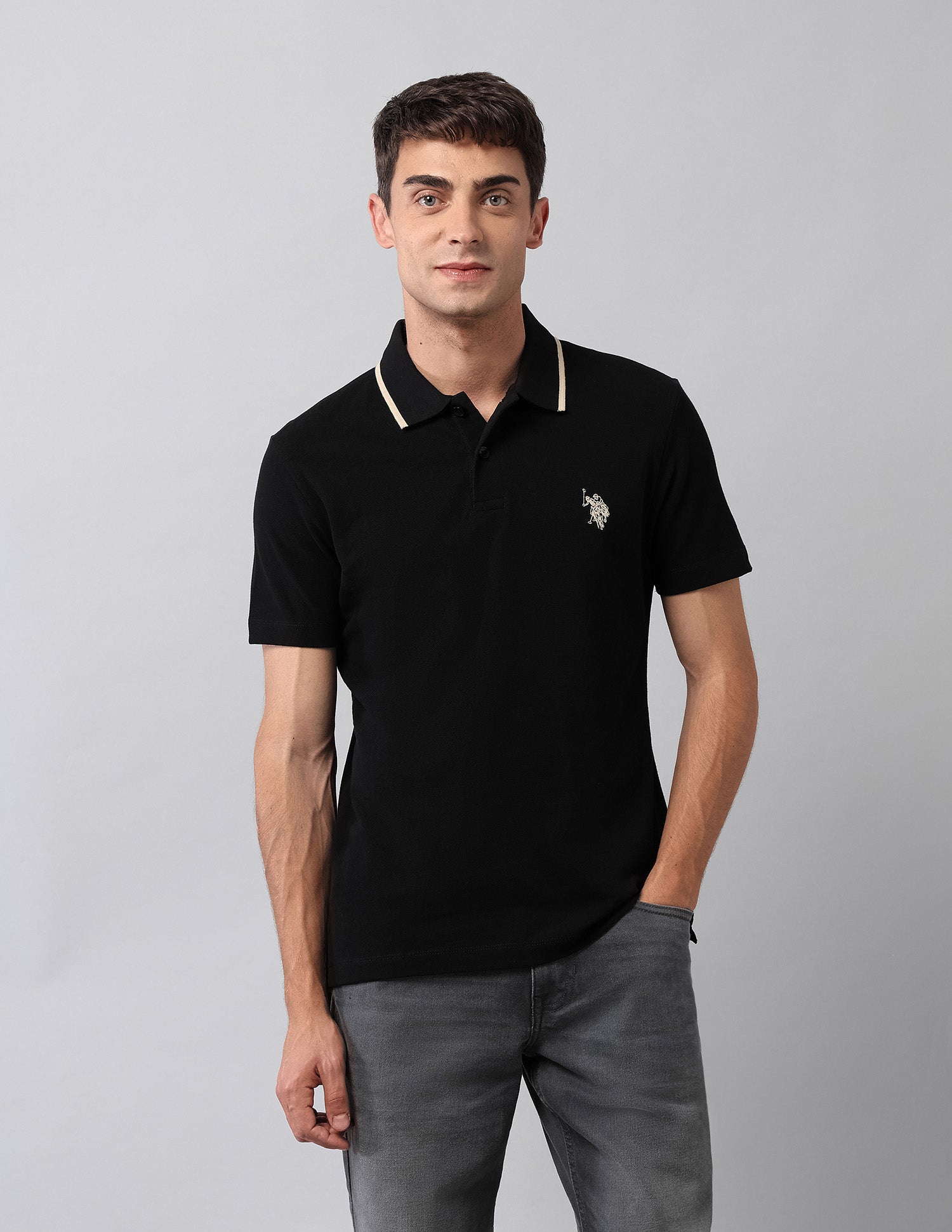 Pure Cotton Muscle Fit Polo Shirt Black - U.S. Polo Assn. India | Large