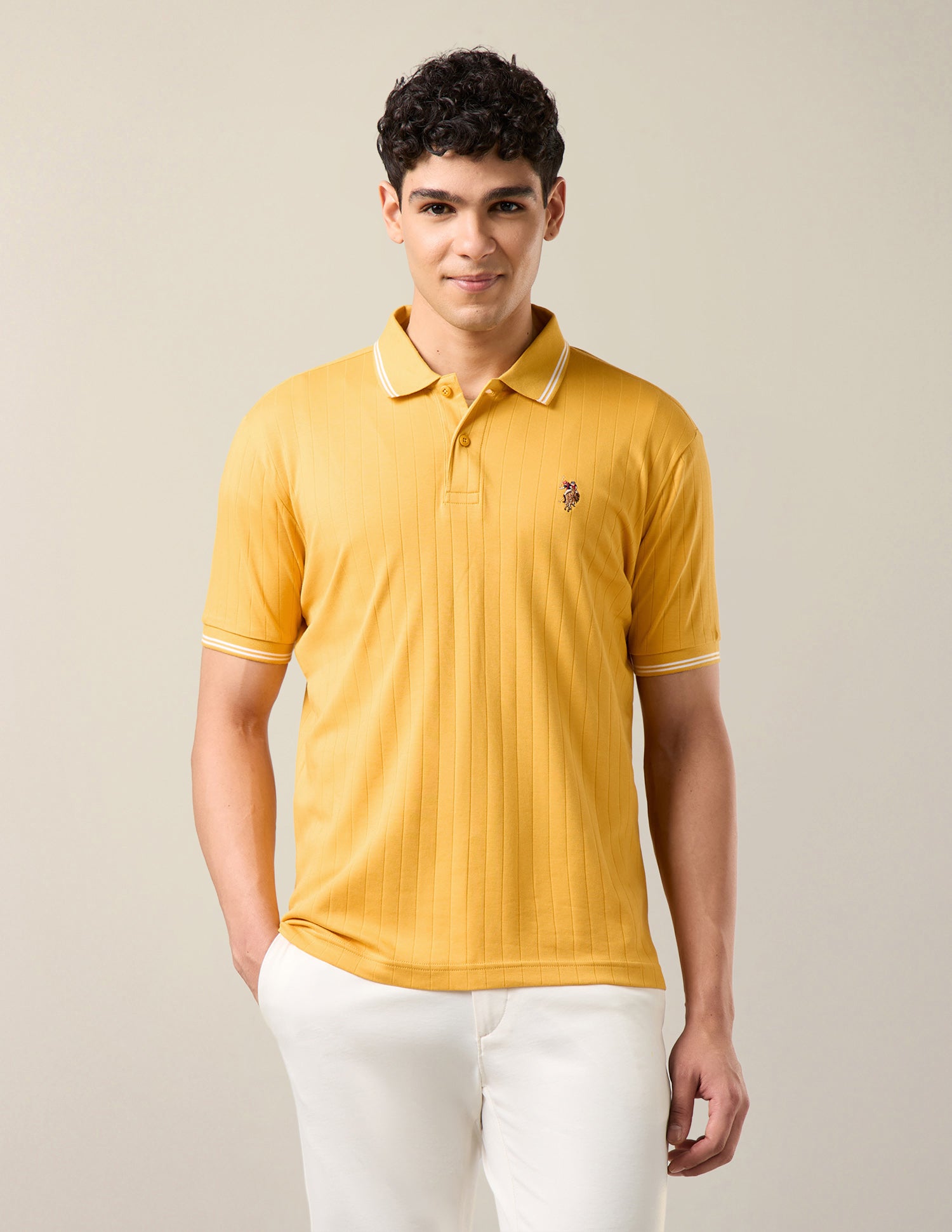 Patterned Knit Slim Fit Polo Shirt Mustard - U.S. Polo Assn. India | Large