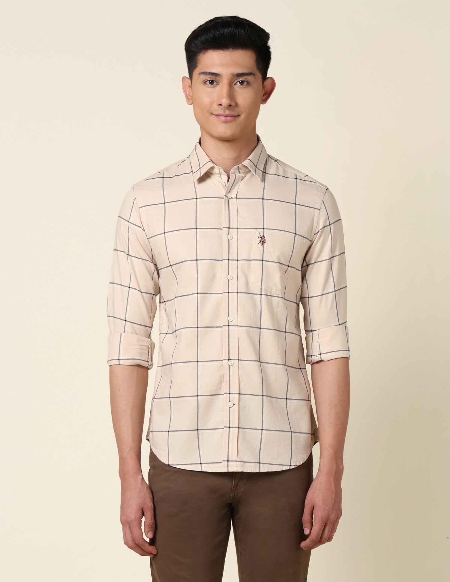 Windowpane Checked Tailored Fit Shirt Beige - U.S. Polo Assn. India | Large
