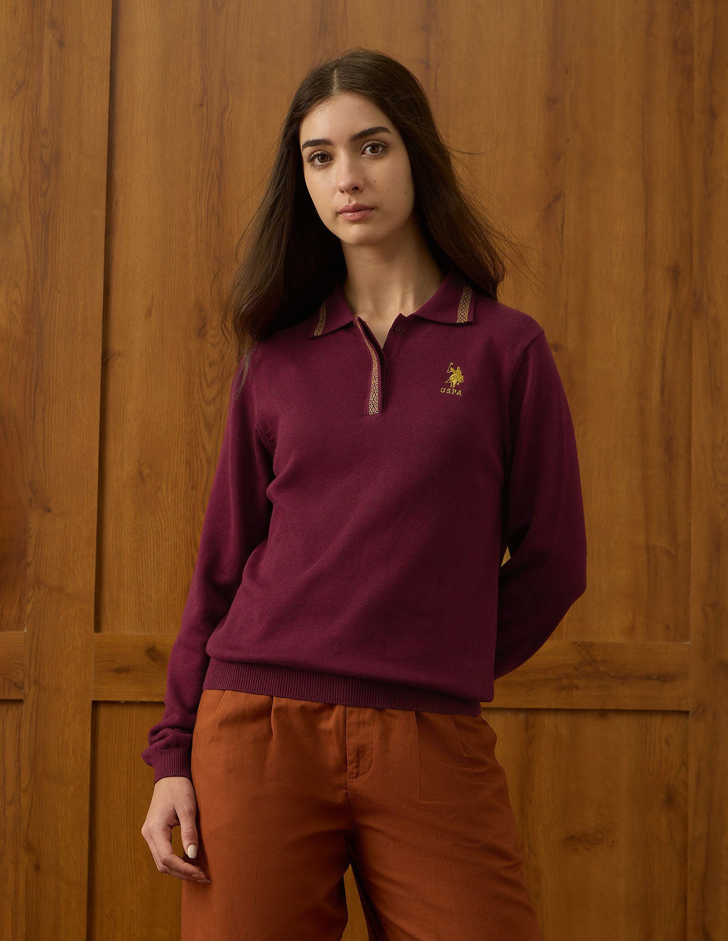 Regular Fit Polo Collar Sweater Wine - U.S. POLO ASSN. | Large