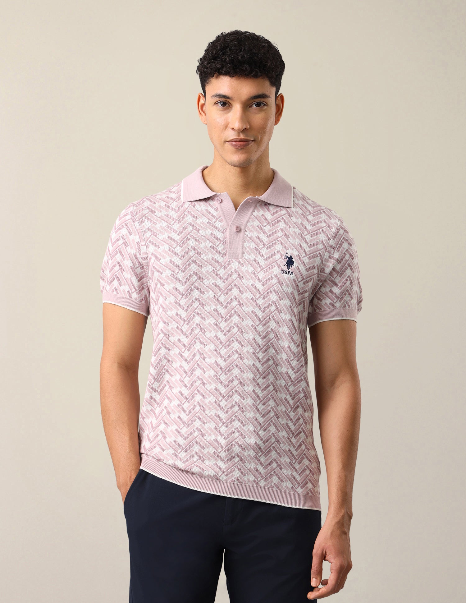 Geometric Patterned Knit Slim Fit Polo Shirt Pink - U.S. Polo Assn. India | Large