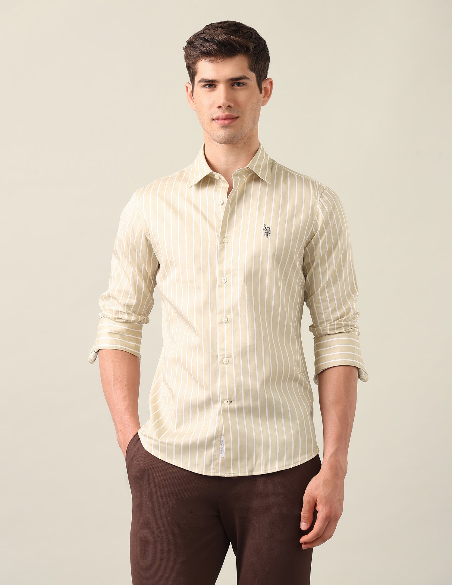 Vertical Striped Satin Shirt Khaki - U.S. Polo Assn. India | Large