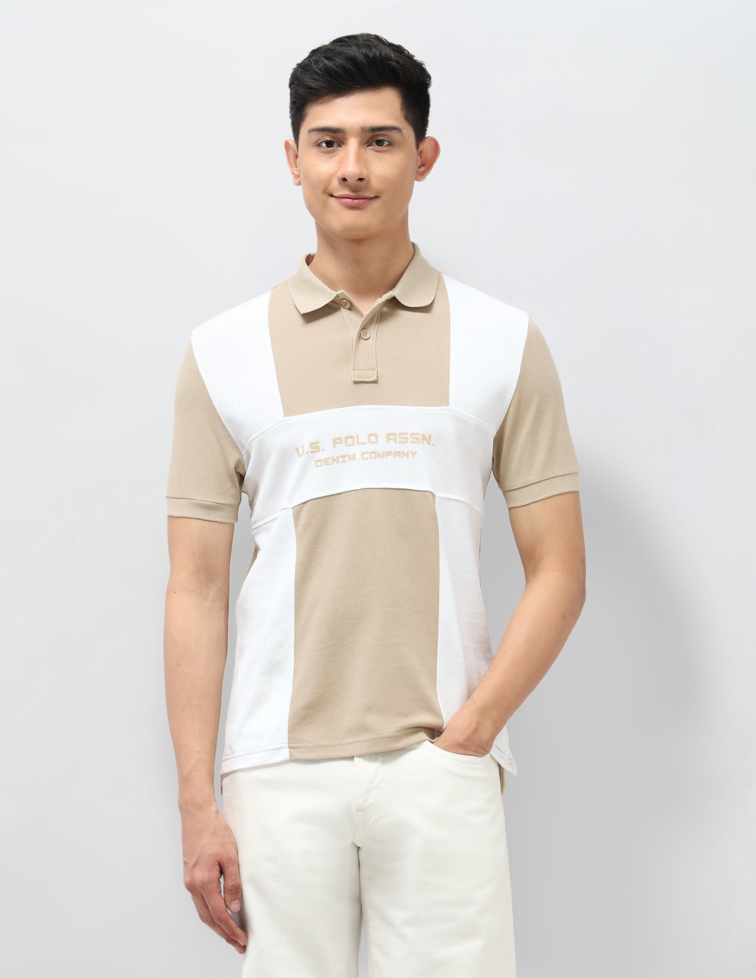 Colourblocked Pure Cotton Polo Shirt Beige - U.S. POLO ASSN. | Large