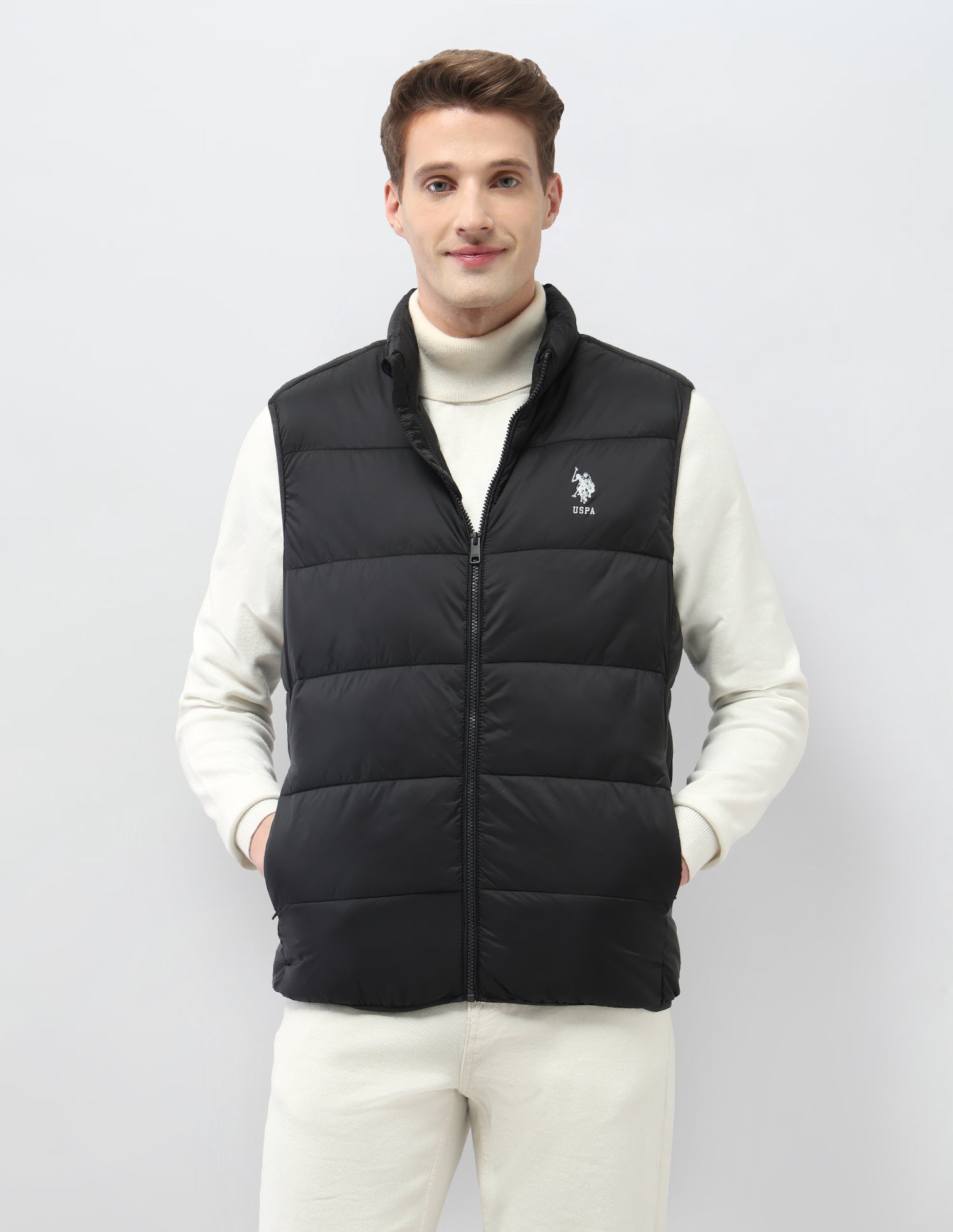 Solid Regular Fit Puffer Sleeveless Jacket Black - U.S. Polo Assn. India | Large