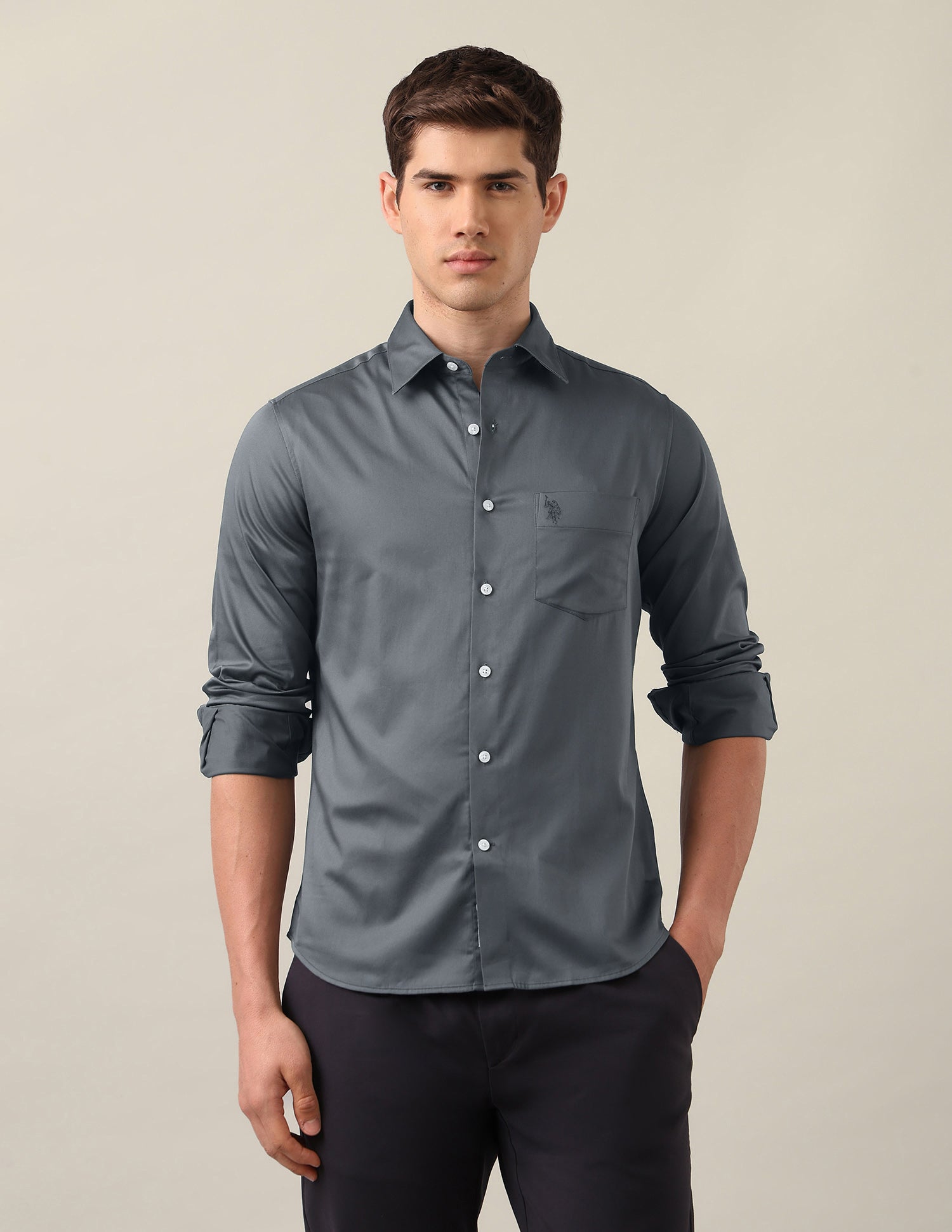 Satin Tailored Fit Shirt Light Grey - U.S. Polo Assn. India | Large