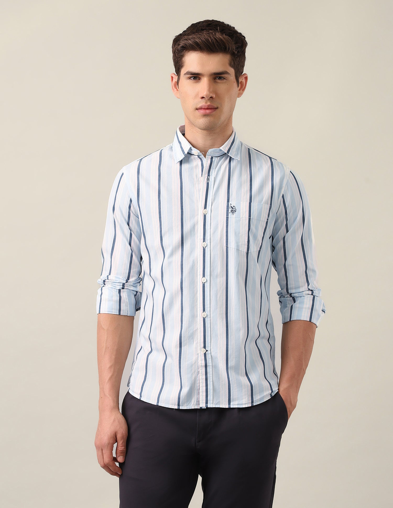 Tailored Fit Vertical Striped Shirt Light Blue - U.S. Polo Assn. India | Large