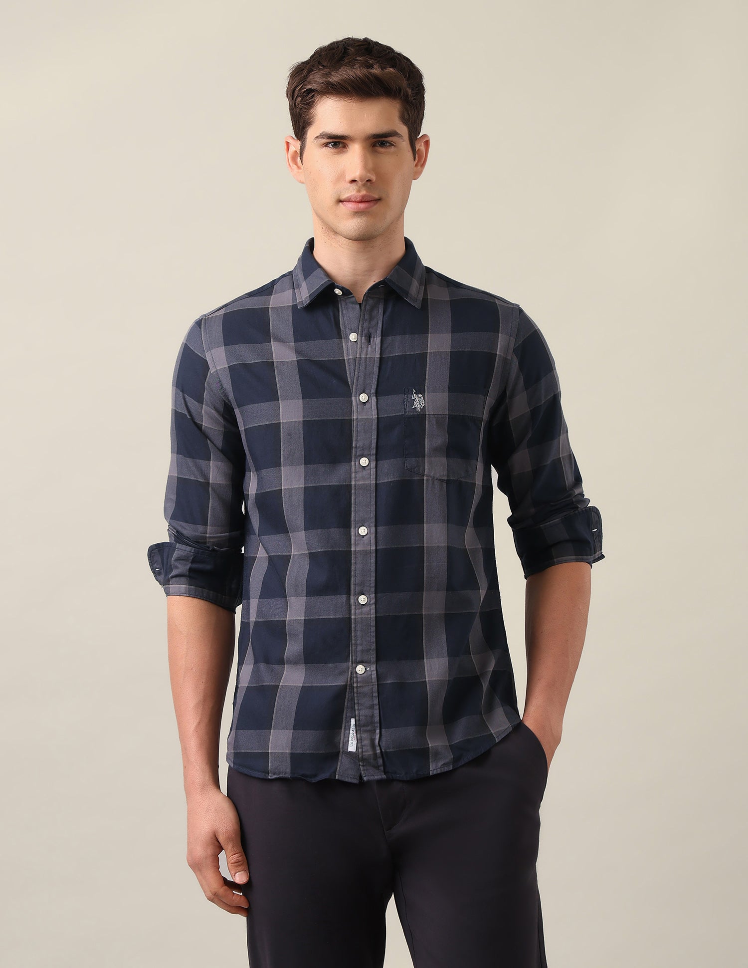 Grid Tattersall Checked Twill Shirt Dark Grey - U.S. Polo Assn. India | Large