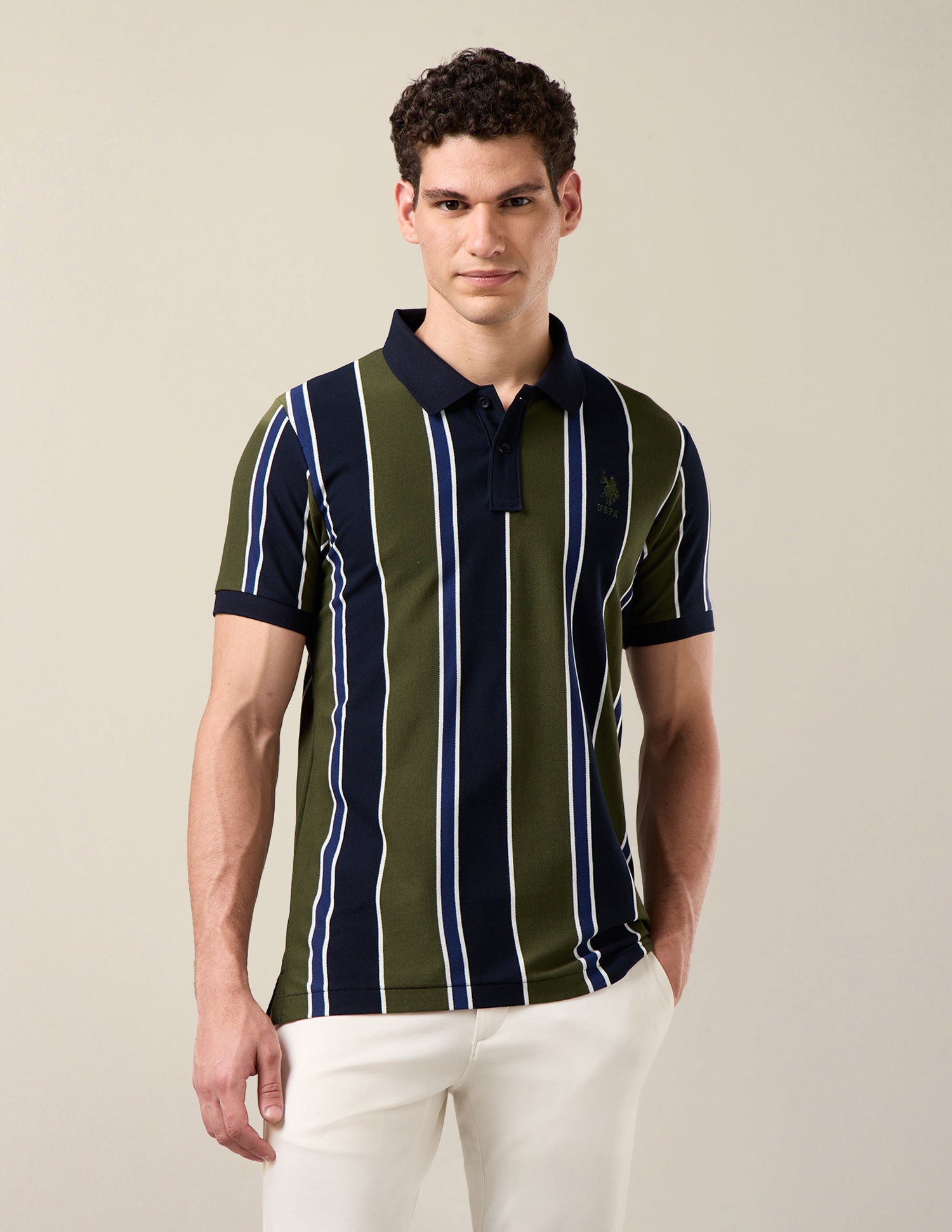 Vertical Striped Slim Fit Polo Shirt Olive - U.S. Polo Assn. India | Large